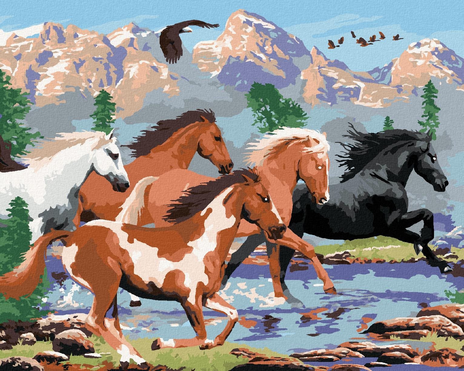 Maľovanie podľa čísel – Divoké kone v horách (Howard Robinson), 80 × 100 cm, bez rámu a bez napnutia plátna