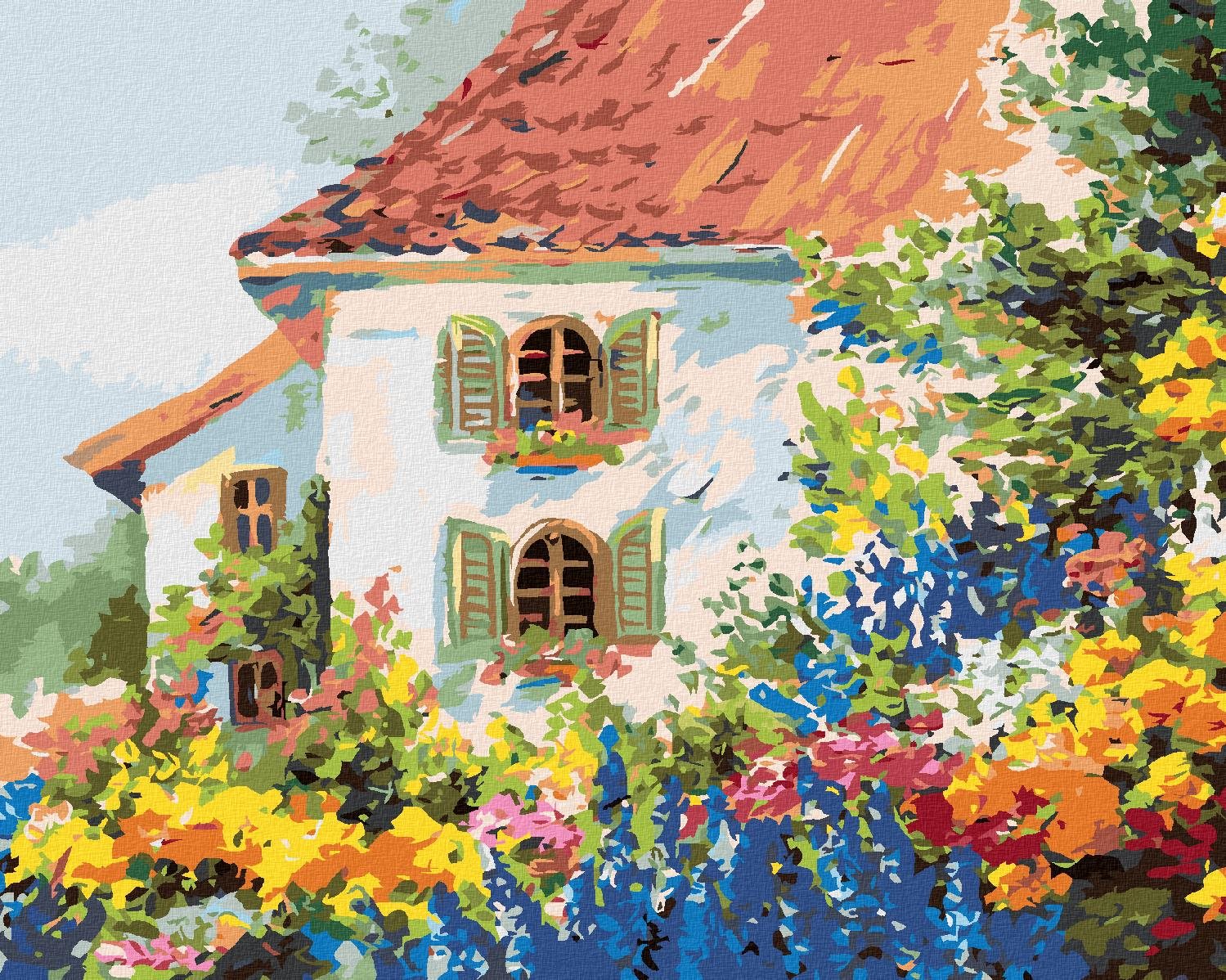 Maľovanie podľa čísel – Dom v kvetinovej záhrade, 80 × 100 cm, bez rámu a bez napnutia plátna