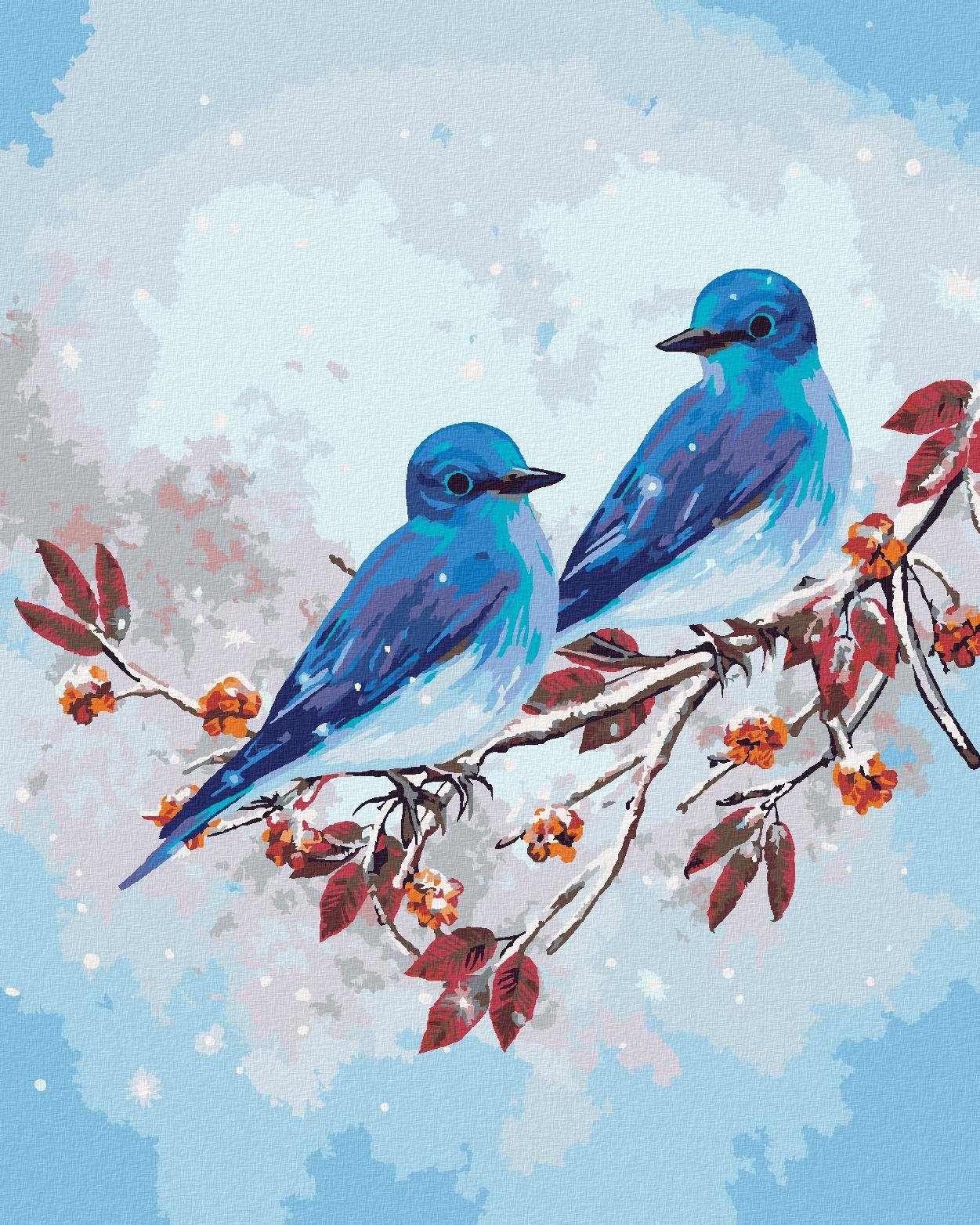 Maľovanie podľa čísel – Dva modré vtáčiky na konári, 40 × 50 cm, napnuté plátno na rám