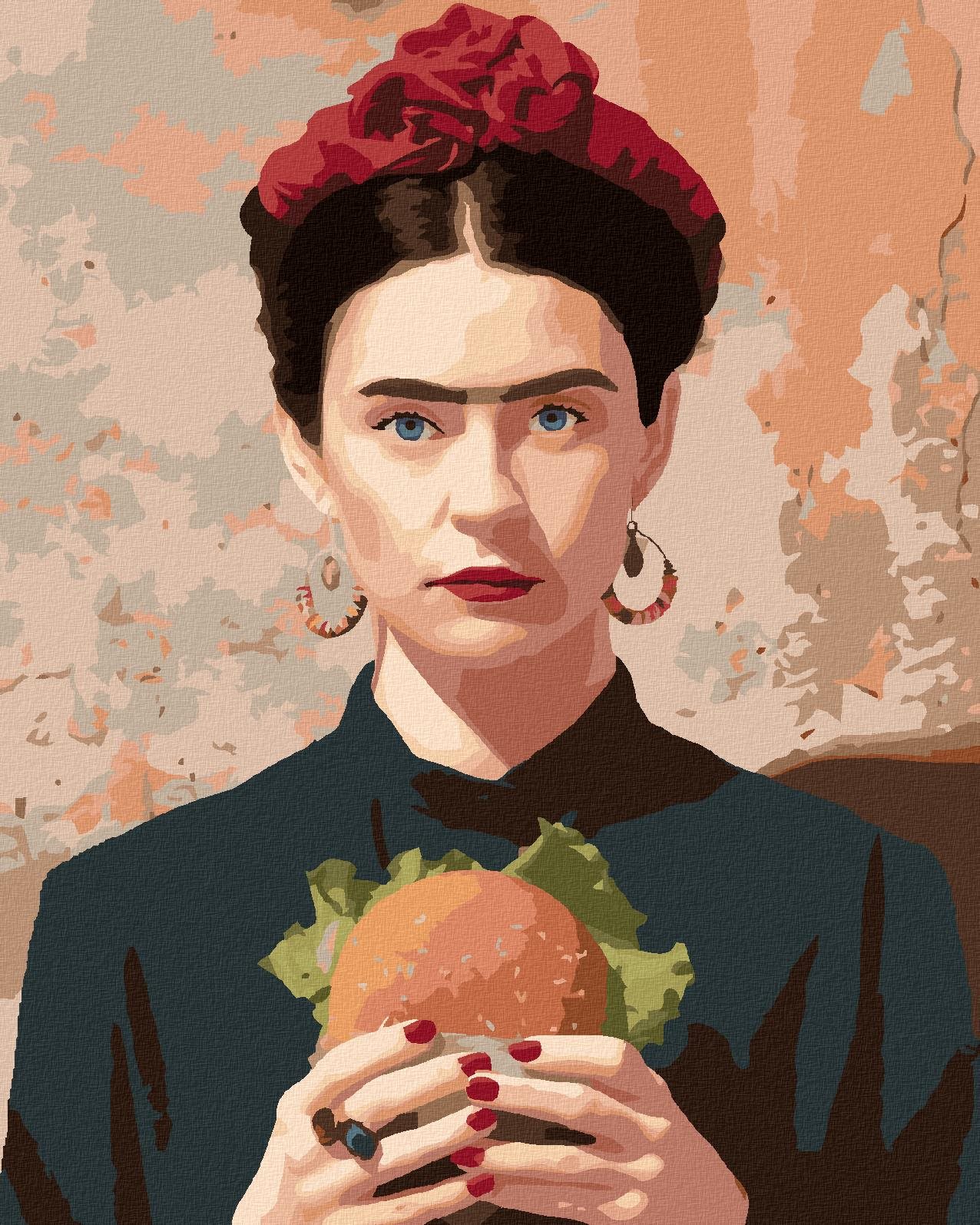 Maľovanie podľa čísel – Frida Kahlo a hamburger, 80 × 100 cm, napnuté plátno na rám