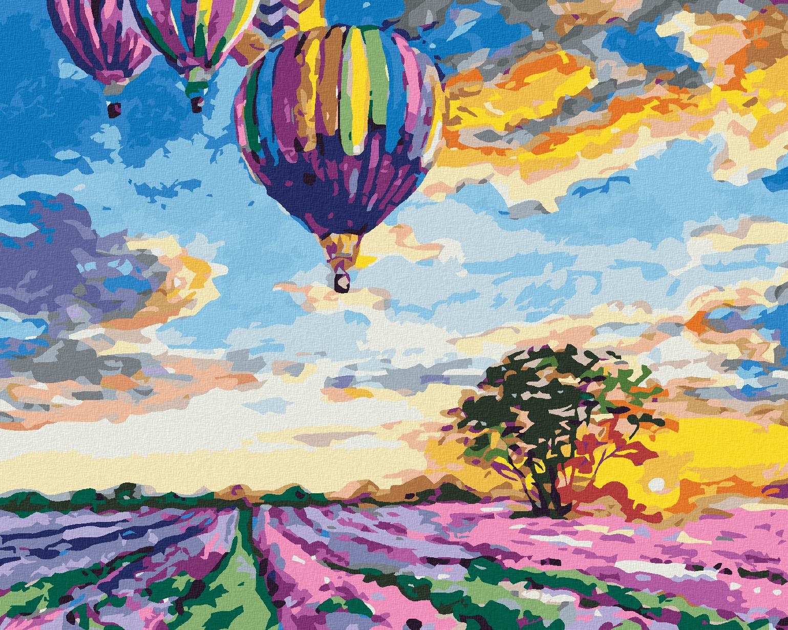 Maľovanie podľa čísel – Teplovzdušné balóny a levanduľa, 40 × 50 cm, bez rámu a bez napnutia plátna