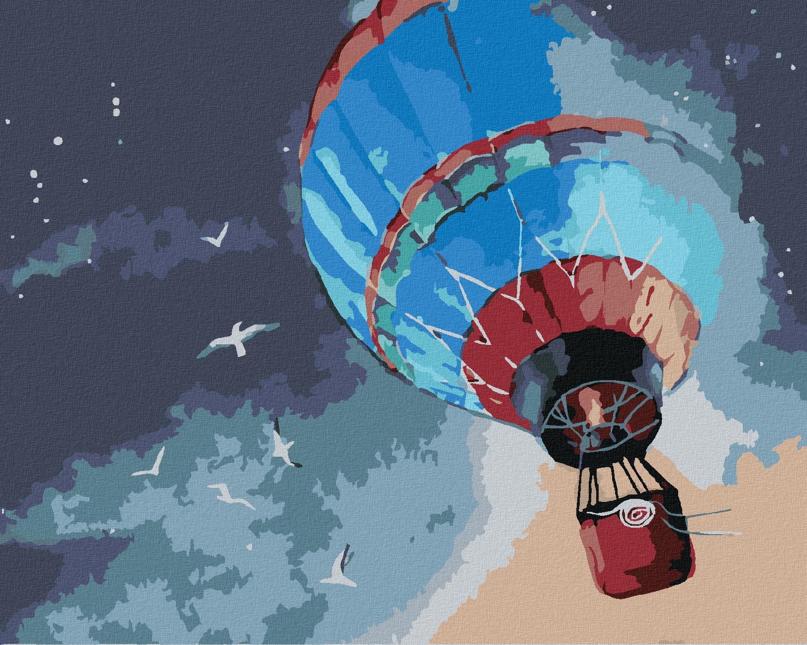 Maľovanie podľa čísel – Teplovzdušný balón na nočnej oblohe, 80 × 100 cm, napnuté plátno na rám