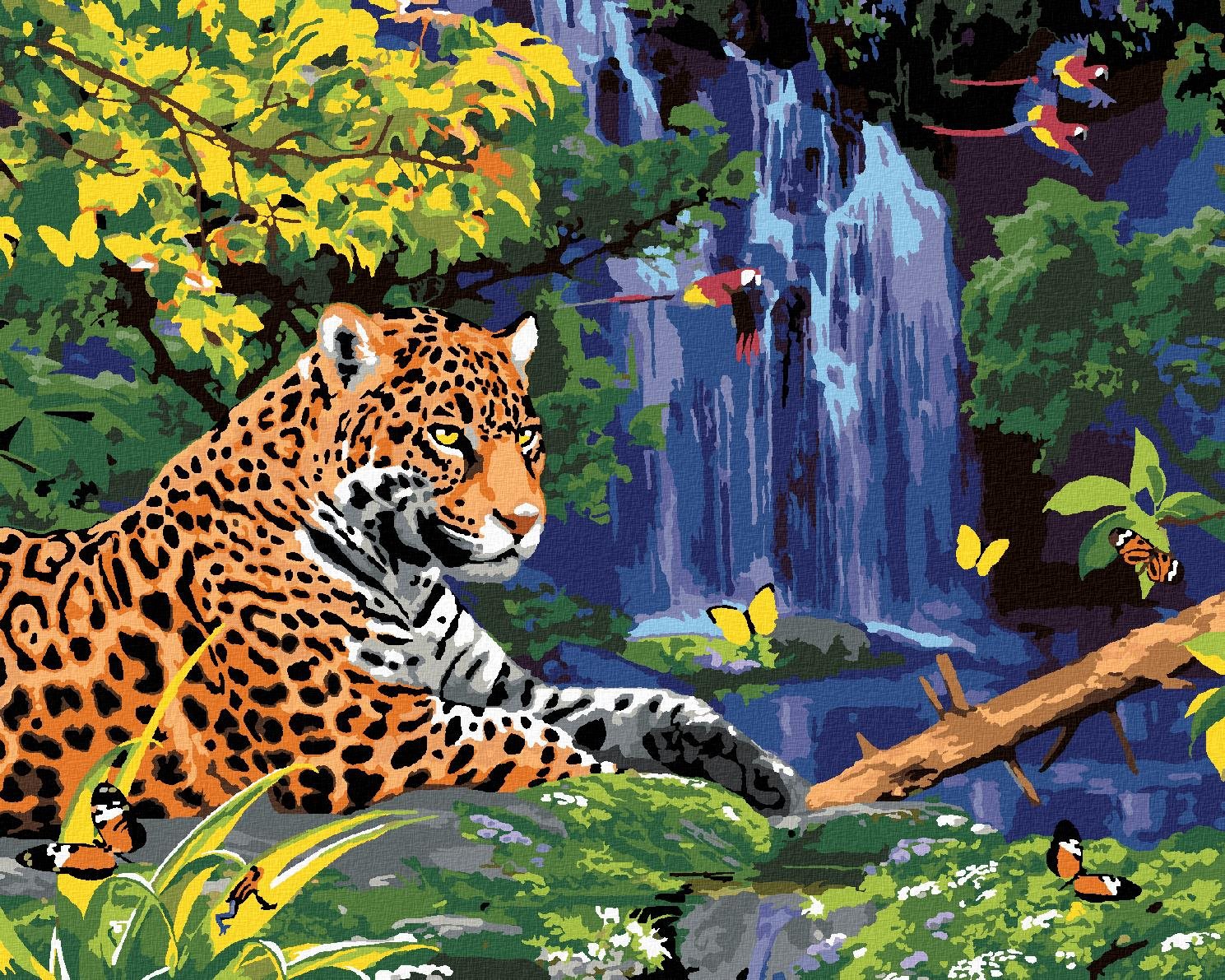 Maľovanie podľa čísel - Jaguár pri vodopáde a papagáje (Howard Robinson), 40 x 50 cm, bez rámu a napnutého plátna