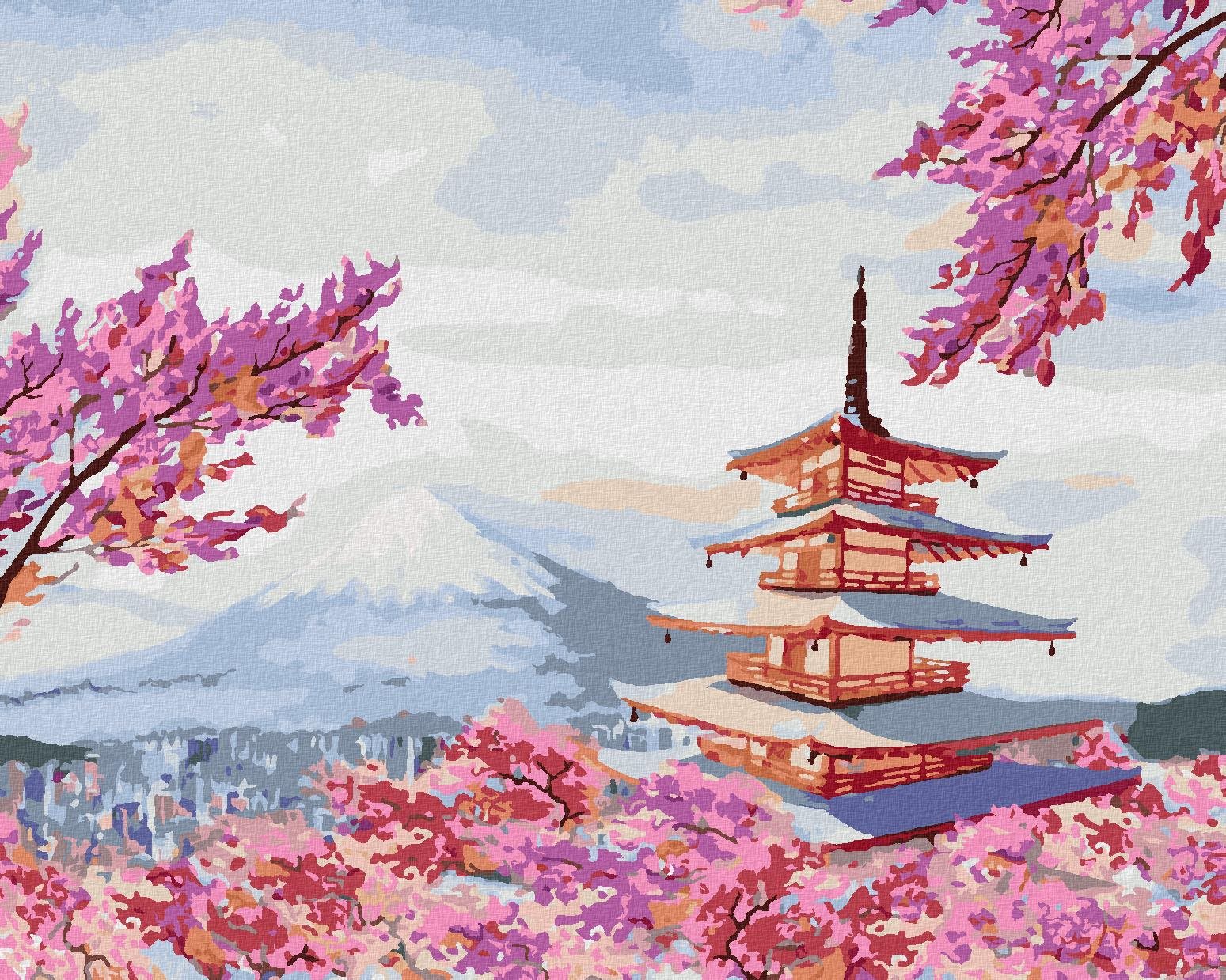 Maľovanie podľa čísel – Japonsko chrám a ružové kvety, 40 × 50 cm, napnuté plátno na rám