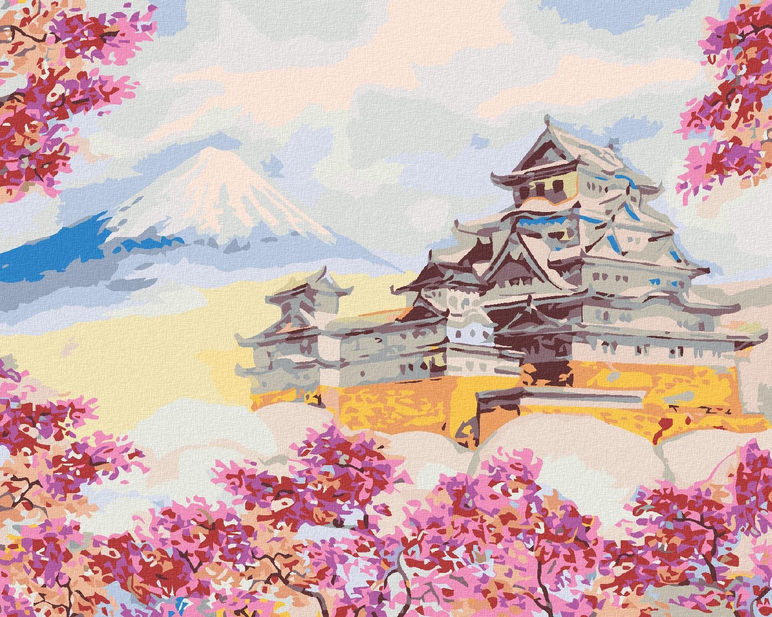 Maľovanie podľa čísel – Japonsko chrám obklopený kvetmi, 40 × 50 cm, bez rámu a bez napnutia plátna