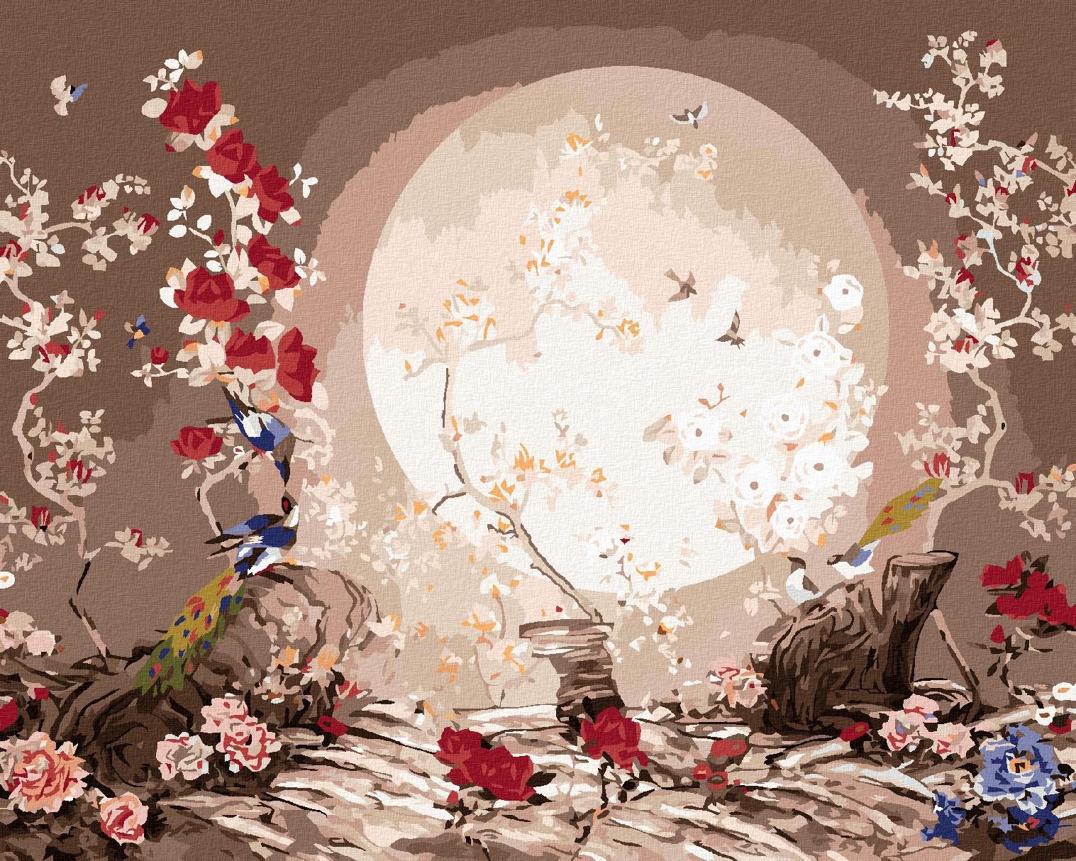 Maľovanie podľa čísel – Japonsko mesačná krajina s vtáčikmi, 80 × 100 cm, napnuté plátno na rám