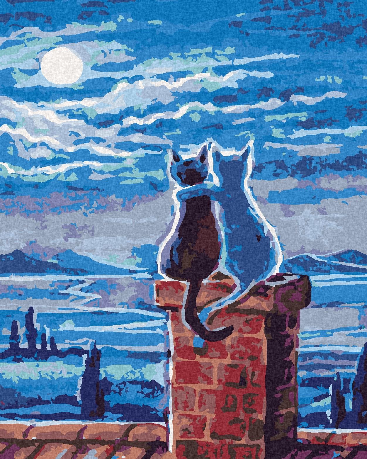 Maľovanie podľa čísel – Mačky na streche a mesiac, 80 × 100 cm, napnuté plátno na rám