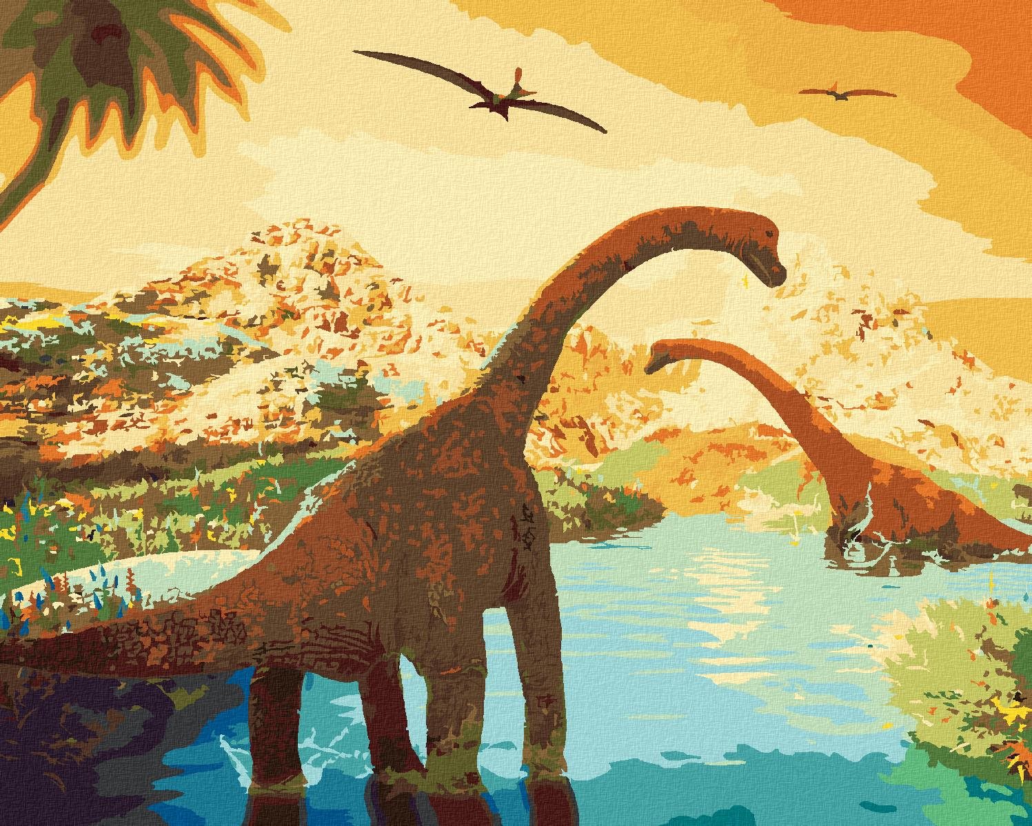 Maľovanie podľa čísel – Krásna krajina s dinosaurami, 80 × 100 cm, vypnuté plátno na rám