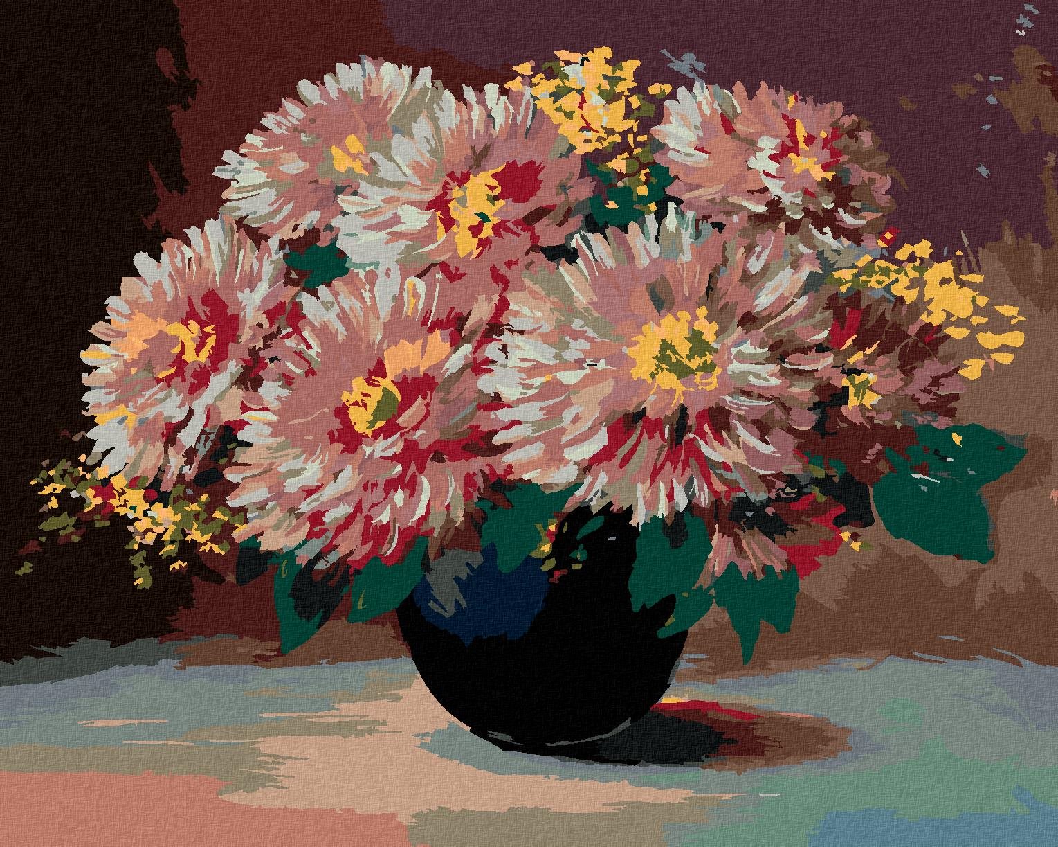 Maľovanie podľa čísel – Kvety v čiernej váze, 80 × 100 cm, napnuté plátno na rám