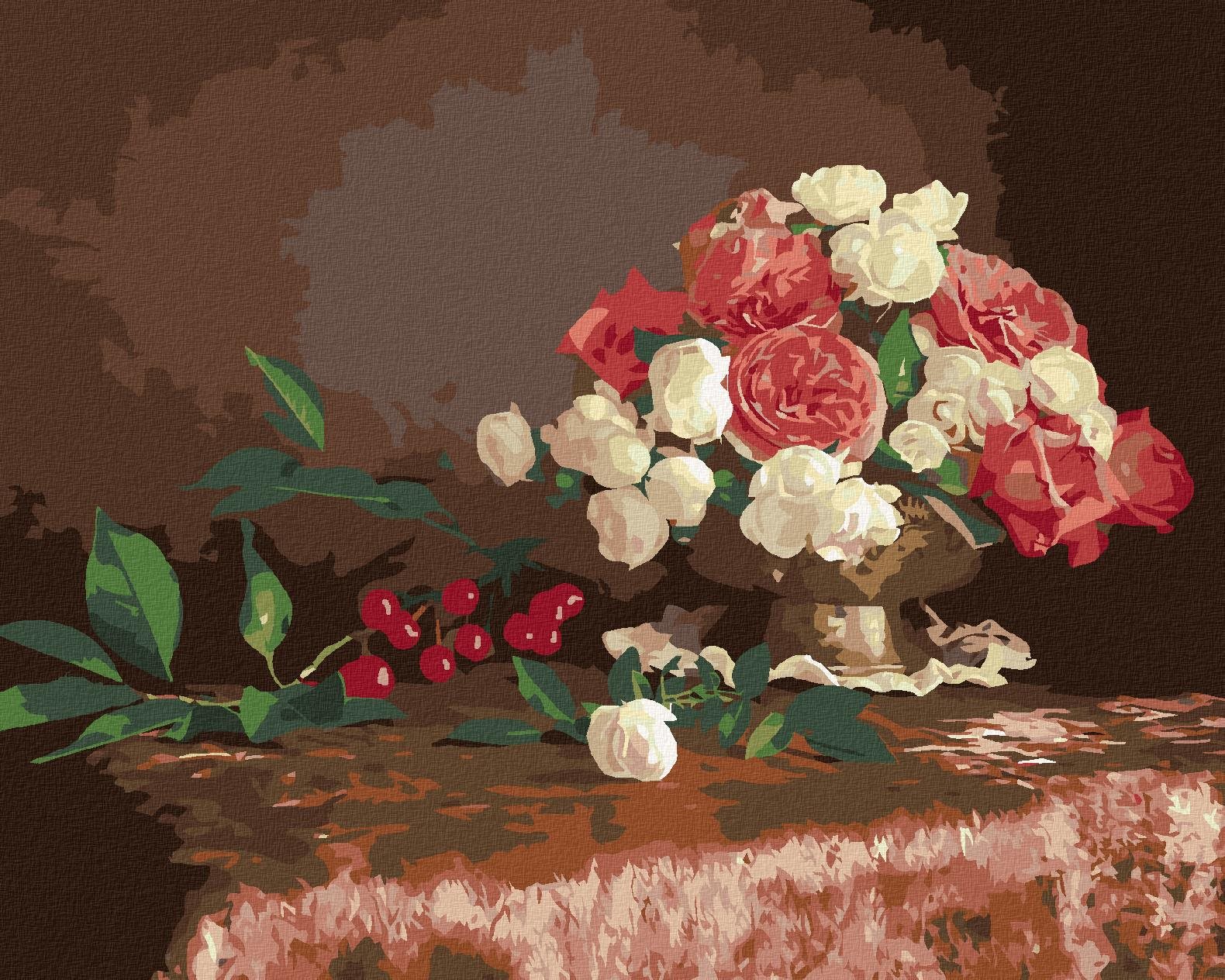 Maľovanie podľa čísel - Kvetiny vo váze a čerešne, 40 x 50 cm, bez rámu a napnutého plátna