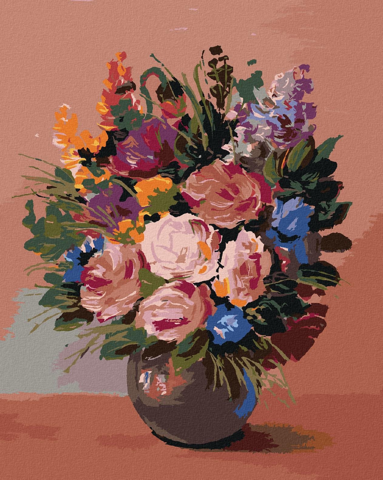 Maľovanie podľa čísel – Kytica kvetov na oranžovom pozadí, 40 × 50 cm, vypnuté plátno na rám