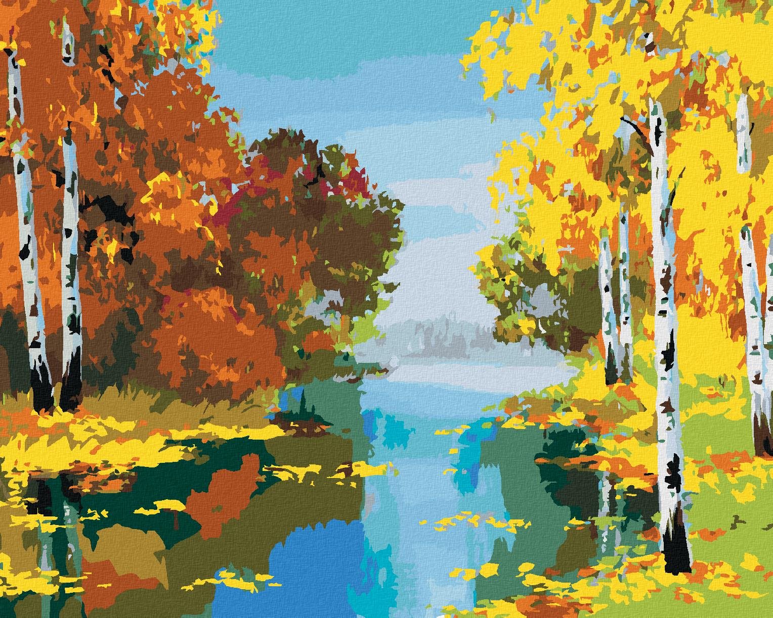 Maľovanie podľa čísel – Les s brezami pri rieke, 80 × 100 cm, napnuté plátno na rám