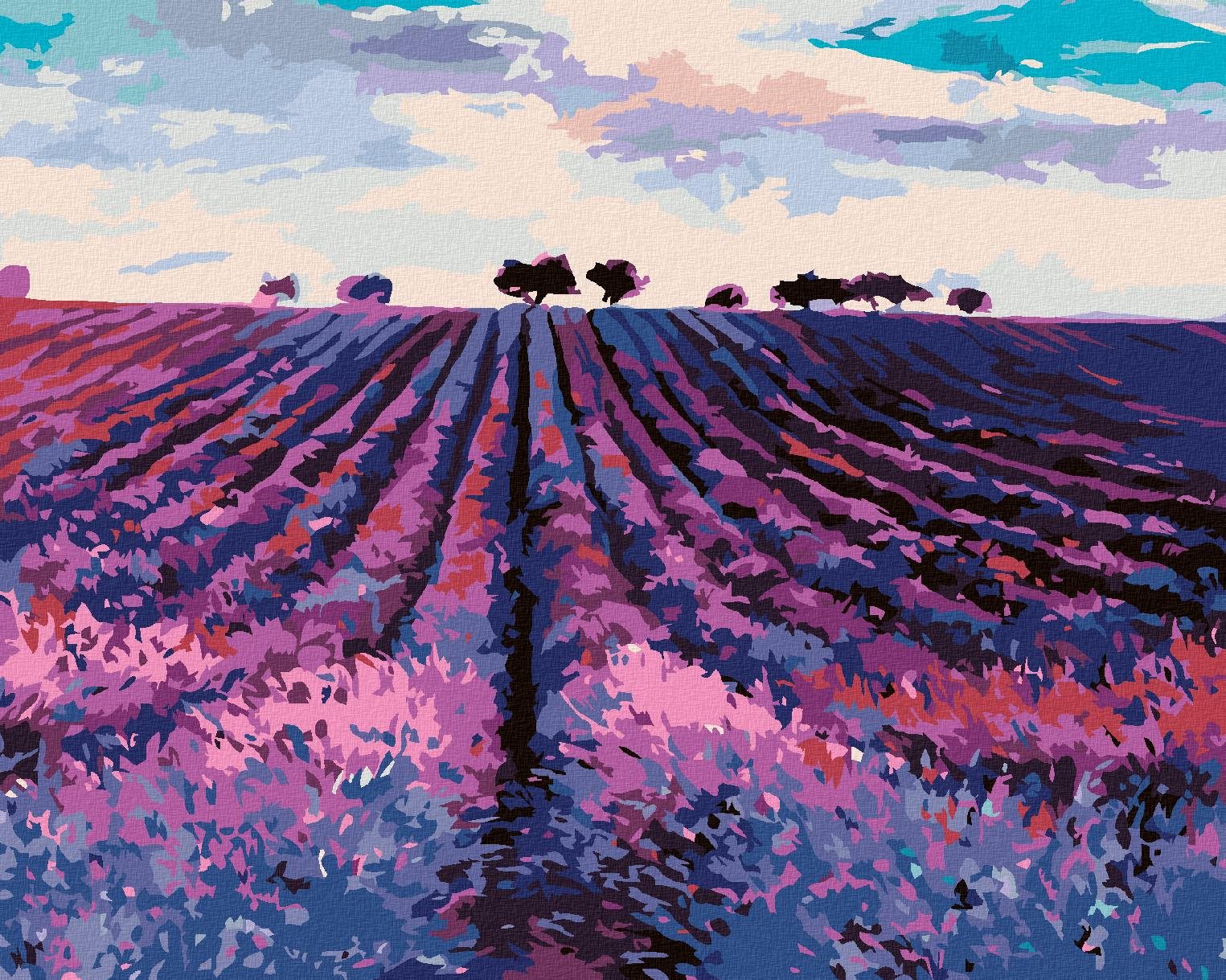 Maľovanie podľa čísel – Levanduľové pole a stromy v diaľke, 40 × 50 cm, napnuté plátno na rám