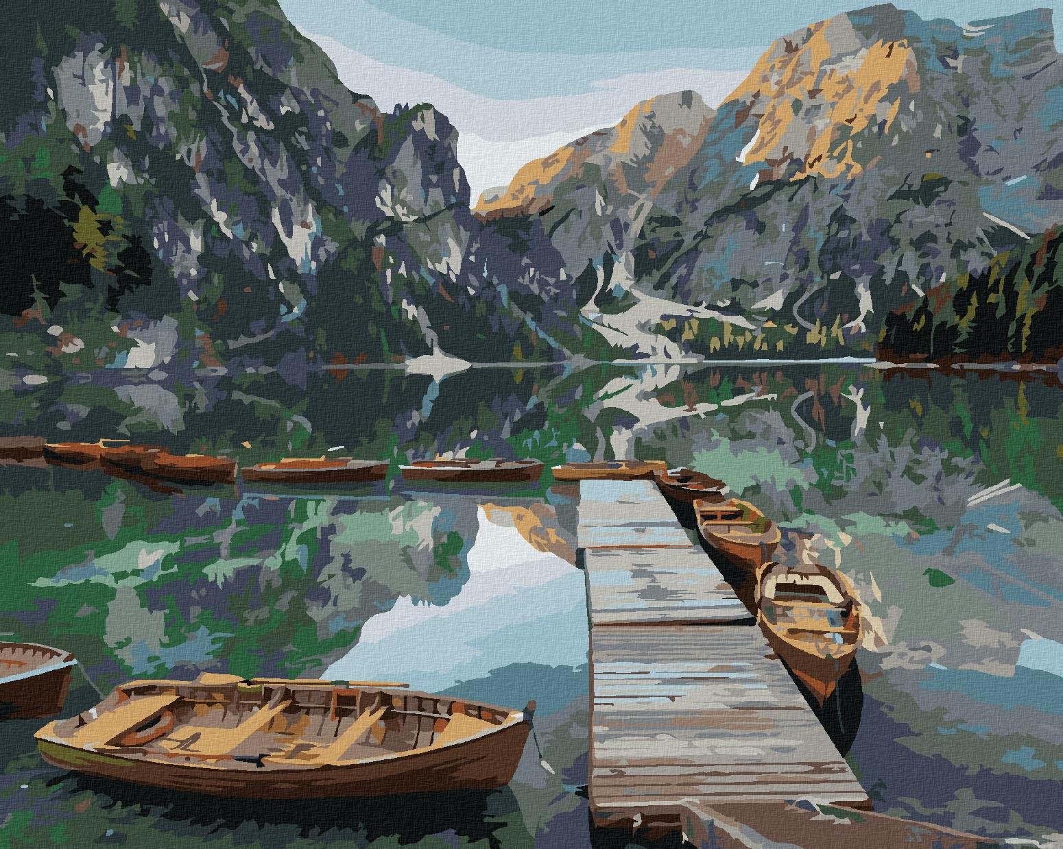 Maľovanie podľa čísel – Loďky na horskom jazere, 80 × 100 cm, napnuté plátno na rám
