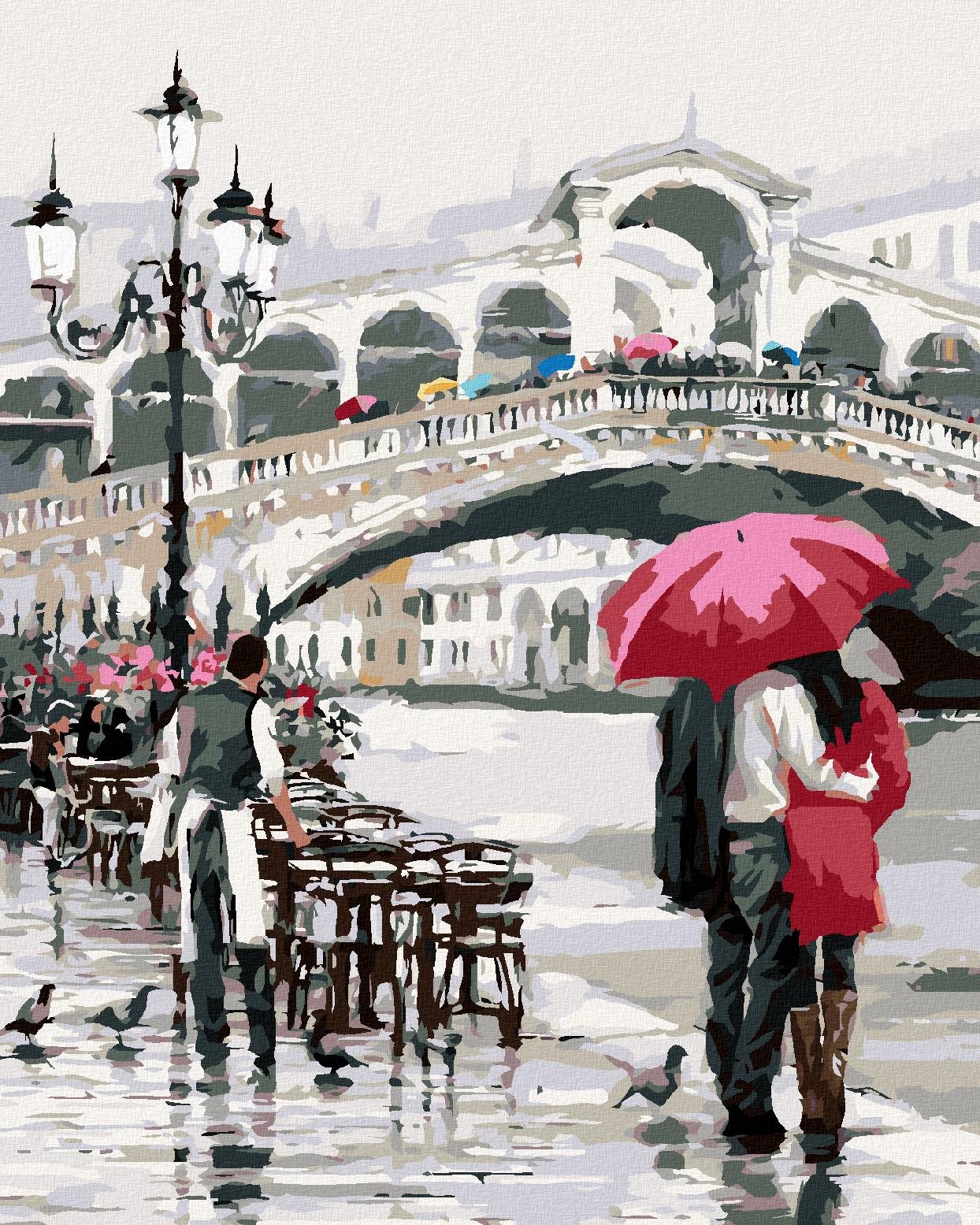 Maľovanie podľa čísel - Milenci s dáždnikom pri moste (Richard Macneil), 40 x 50 cm, napnuté plátno na ráme