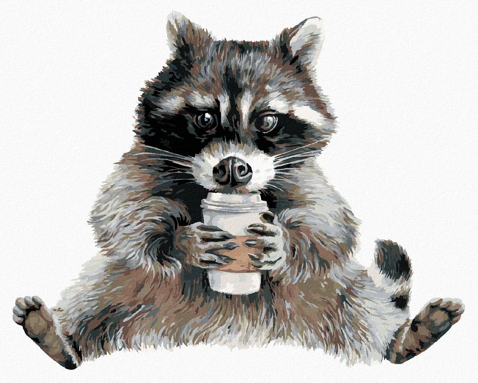 Maľovanie podľa čísel – Medvedík čistotný a káva (Holly Simental), 40 × 50 cm, bez rámu a bez napnutia plátna