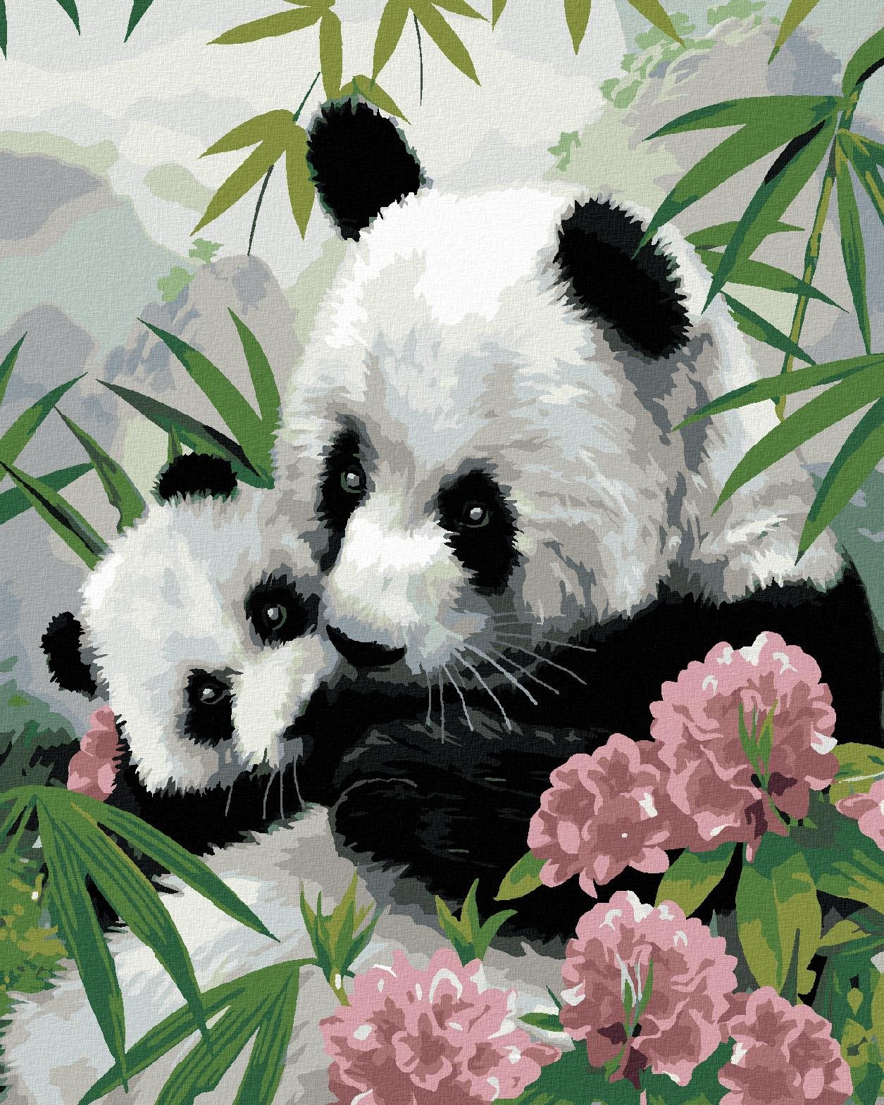 Maľovanie podľa čísel – Panda s mláďaťom a ružové kvety (Howard Robinson), 40 × 50 cm, napnuté plátno na rám