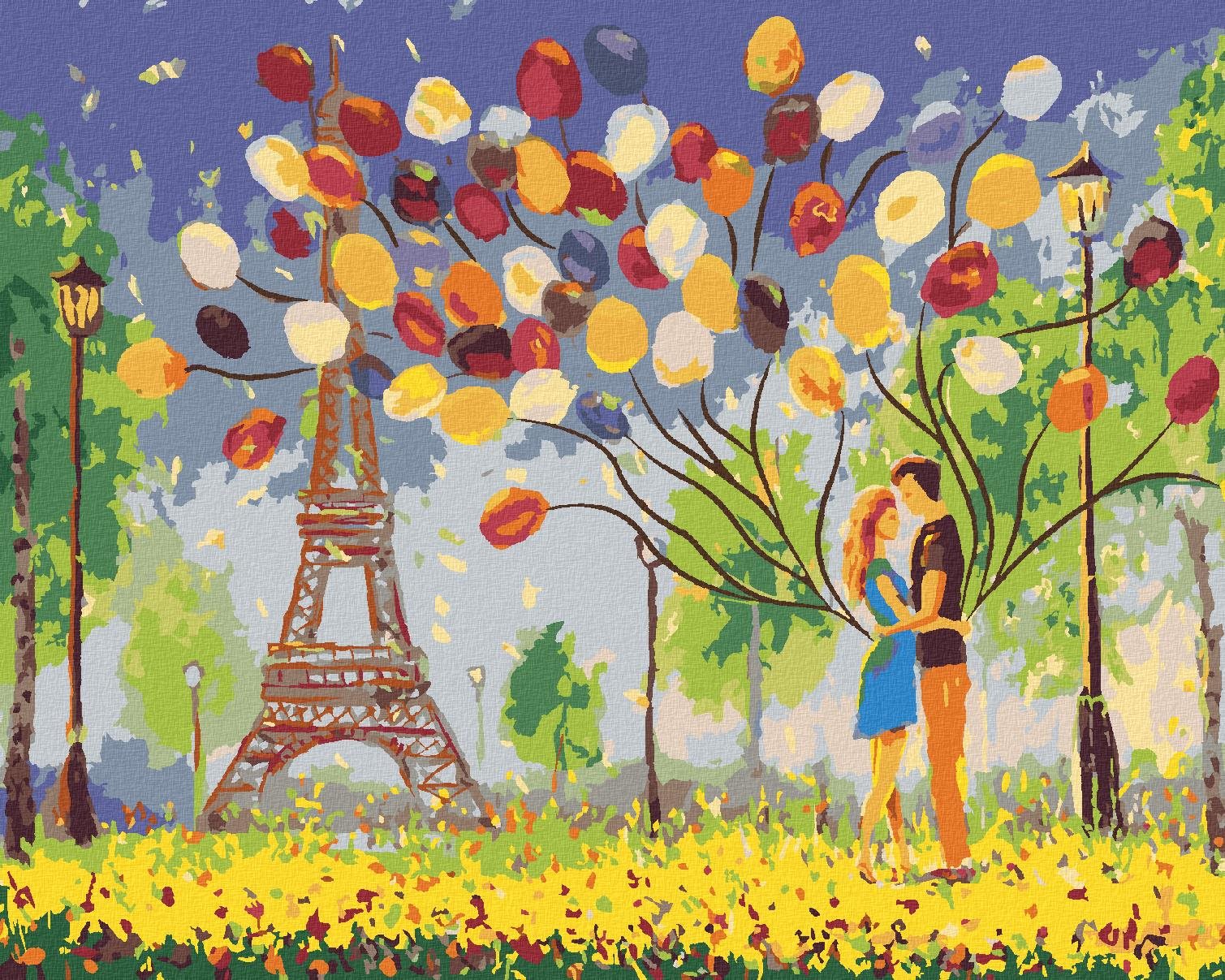 Maľovanie podľa čísel – Pár s balónikmi v Paríži, 80 × 100 cm, bez rámu a bez napnutia plátna