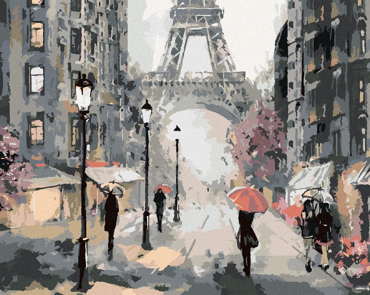 Maľovanie podľa čísel - Paríž a ľudia s ružovými dáždnikmi, 40 x 50 cm, bez rámu a napnutého plátna