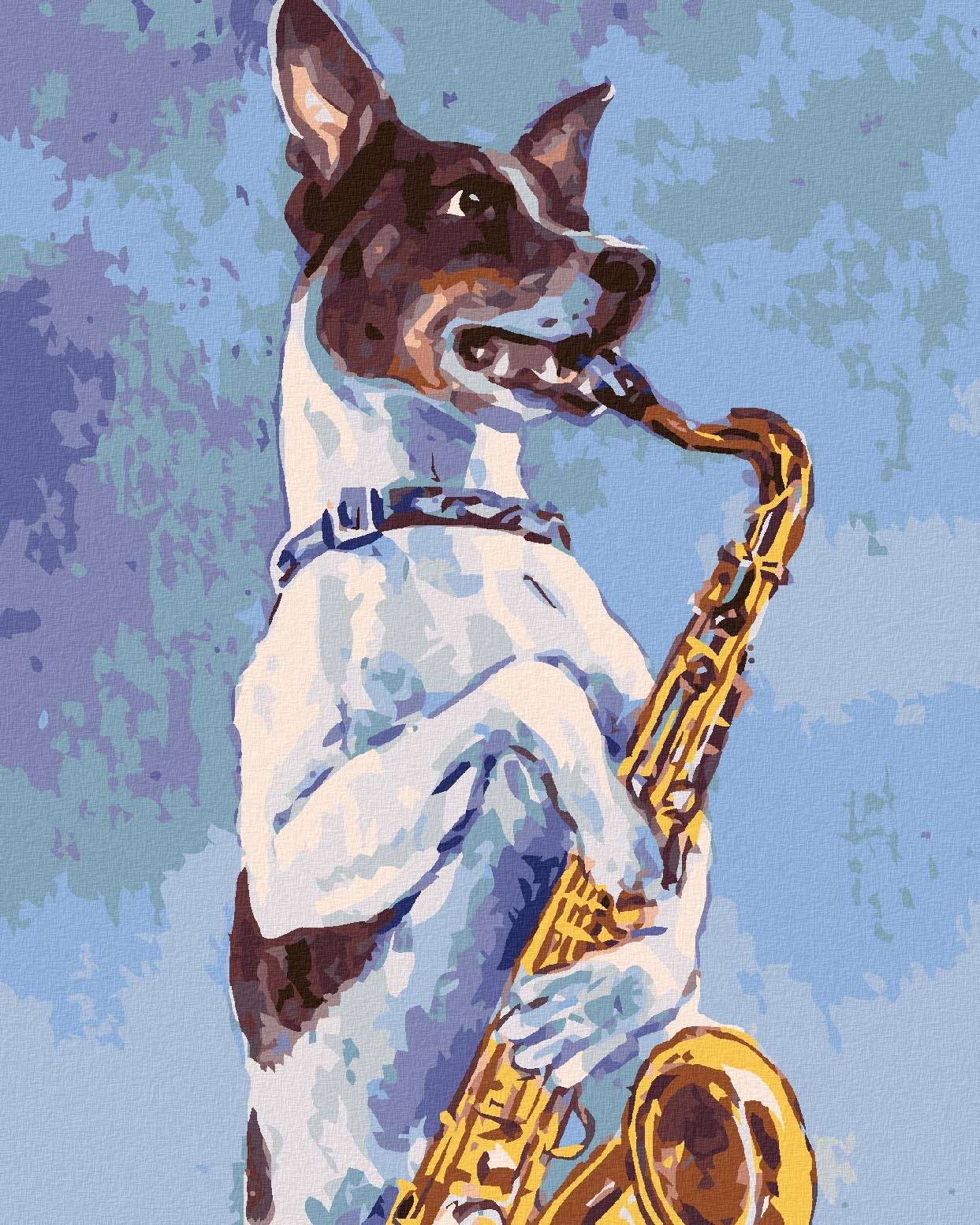 Maľovanie podľa čísel – Pes hrá na saxofón, 80 × 100 cm, napnuté plátno na rám