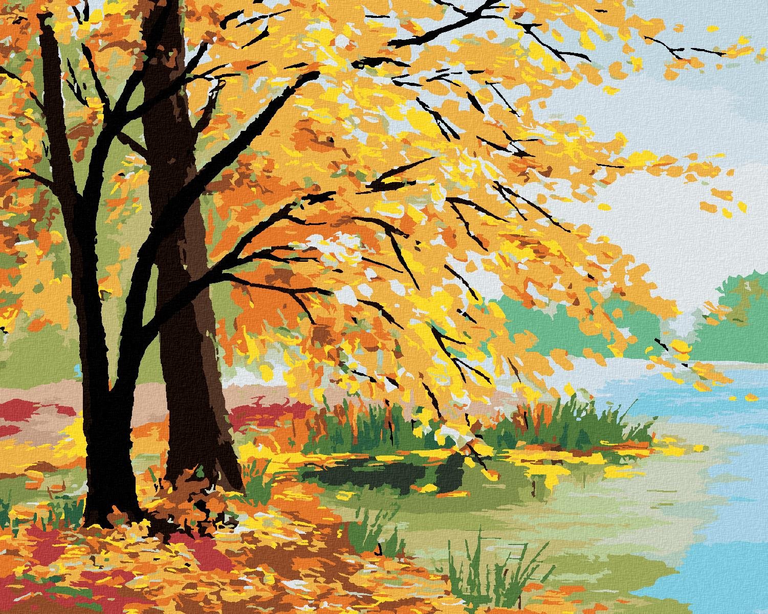 Maľovanie podľa čísel – Jesenný les pri jazere, 40 × 50 cm, bez rámu a bez napnutia plátna