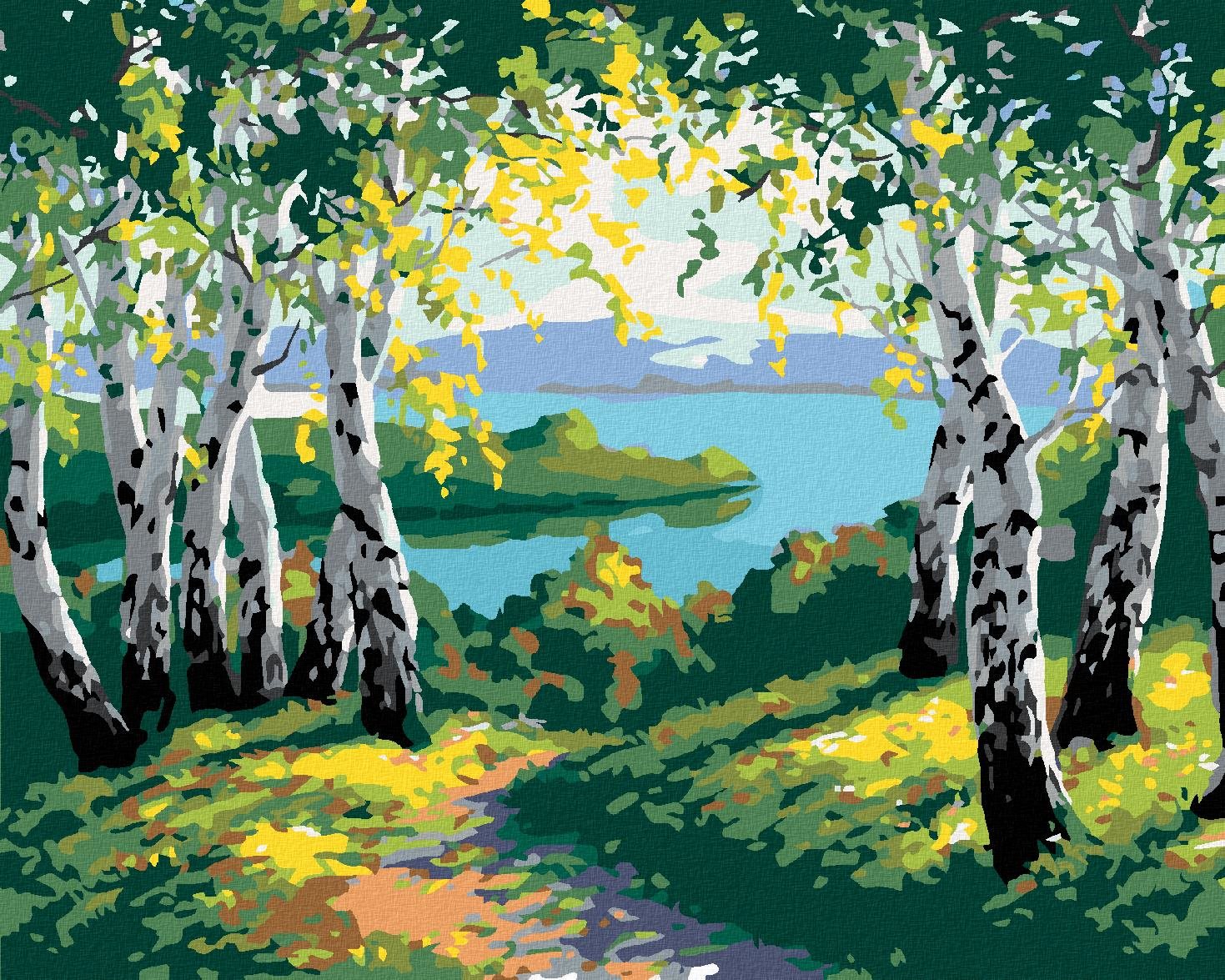 Maľovanie podľa čísel – Jesenná lesná krajina s brezami a riekou, 40 × 50 cm, napnuté plátno na rám