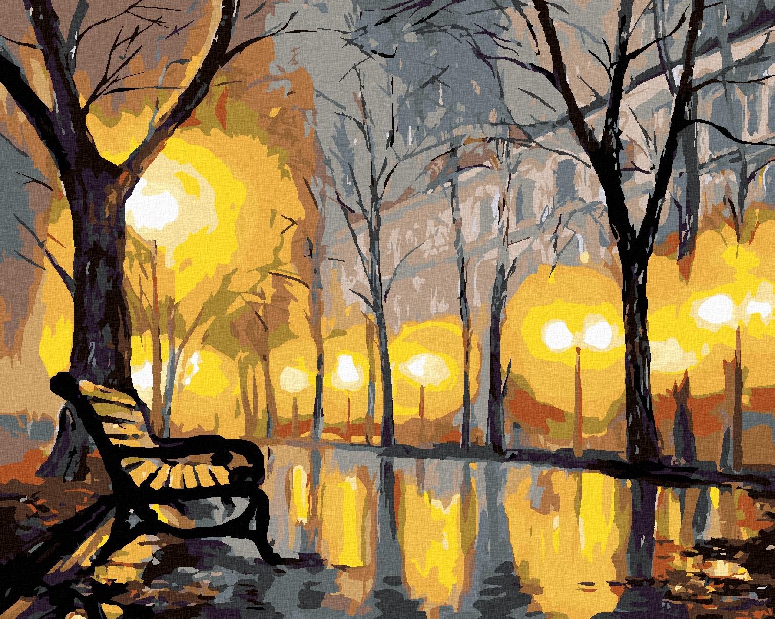 Maľovanie podľa čísel – Jesenný park a lavička, 40 × 50 cm, bez rámu a napnutého plátna