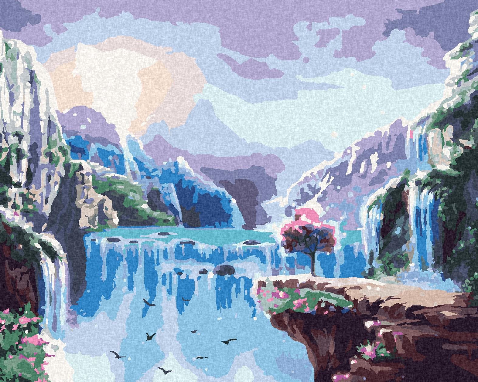 Maľovanie podľa čísel – Rozprávková krajina s vodopádmi, 40 × 50 cm, napnuté plátno na rám