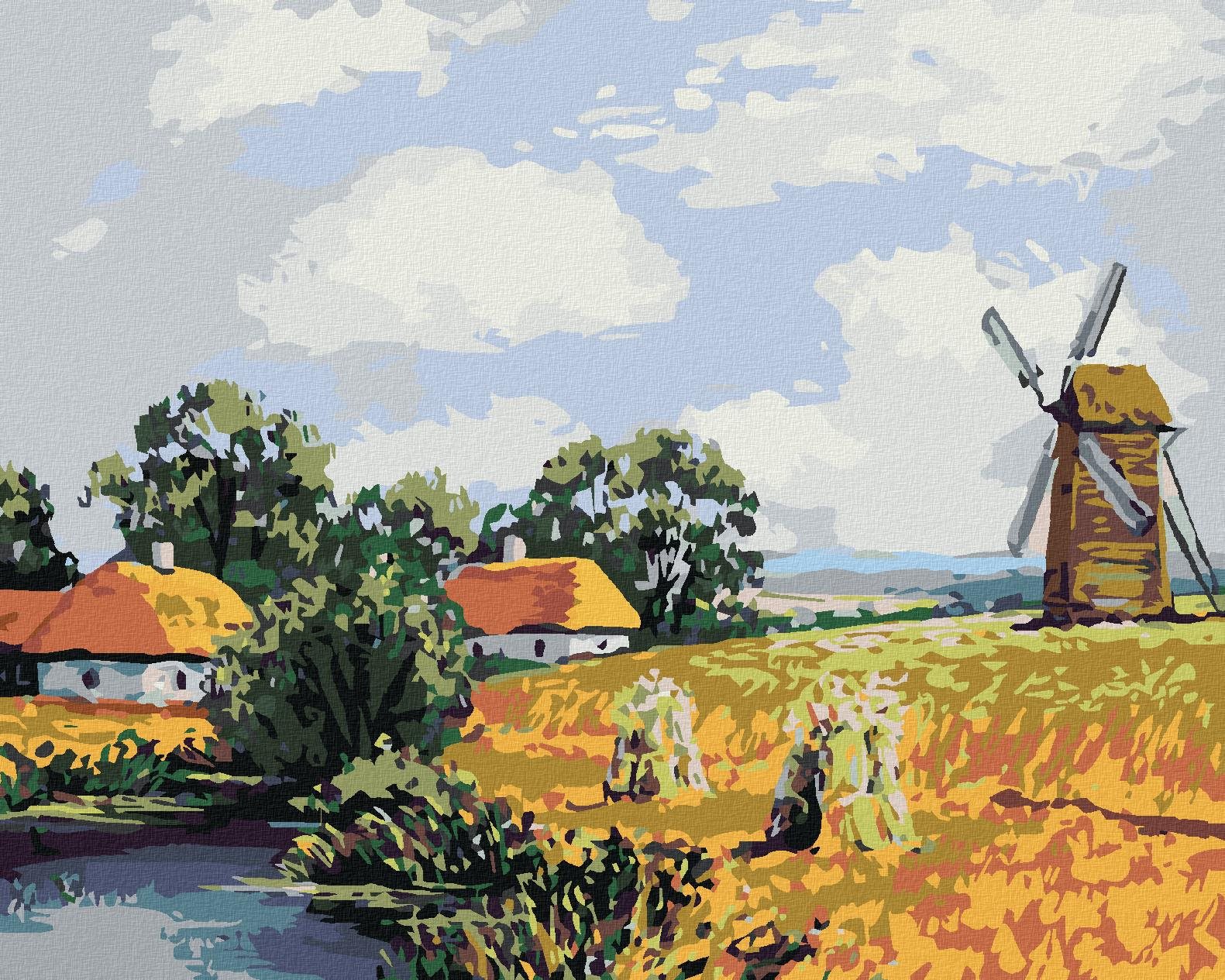 Maľovanie podľa čísel – Poľná krajina s mlynom, 80 × 100 cm, bez rámu a bez napnutia plátna