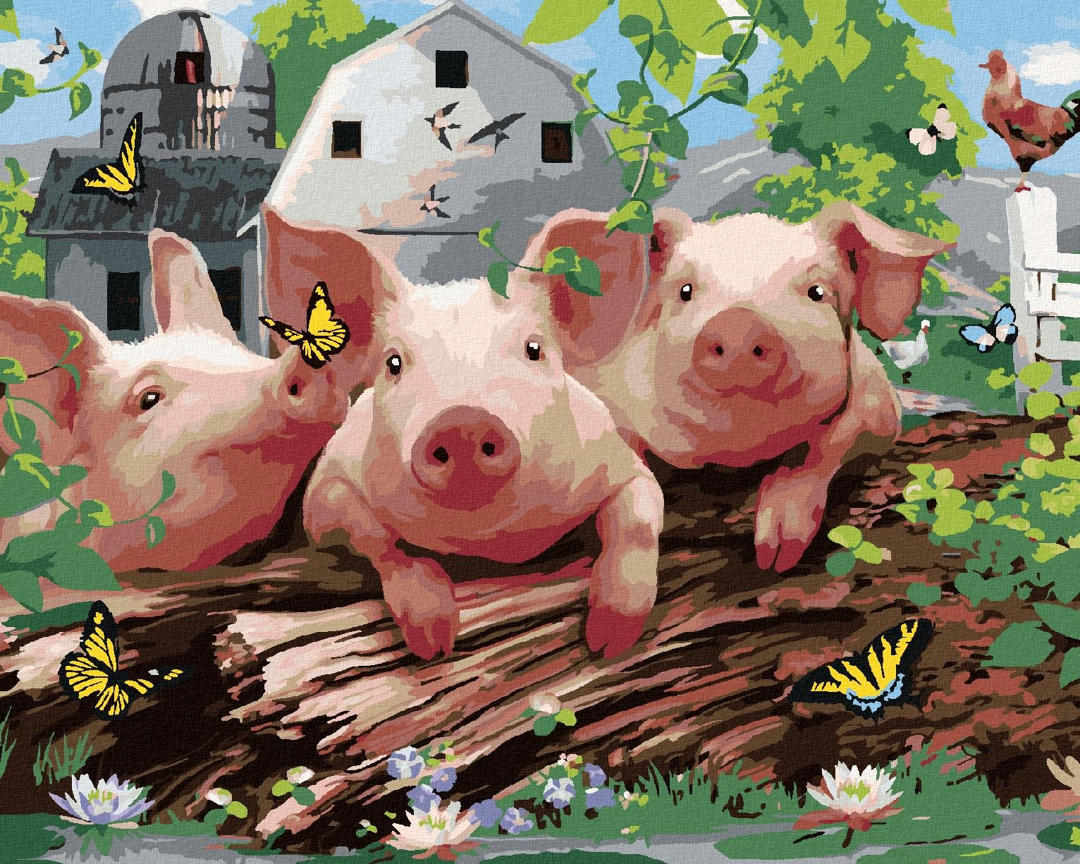 Maľovanie podľa čísel – Prasiatka na farme a motýle (Howard Robinson), 80 × 100 cm, napnuté plátno na rá