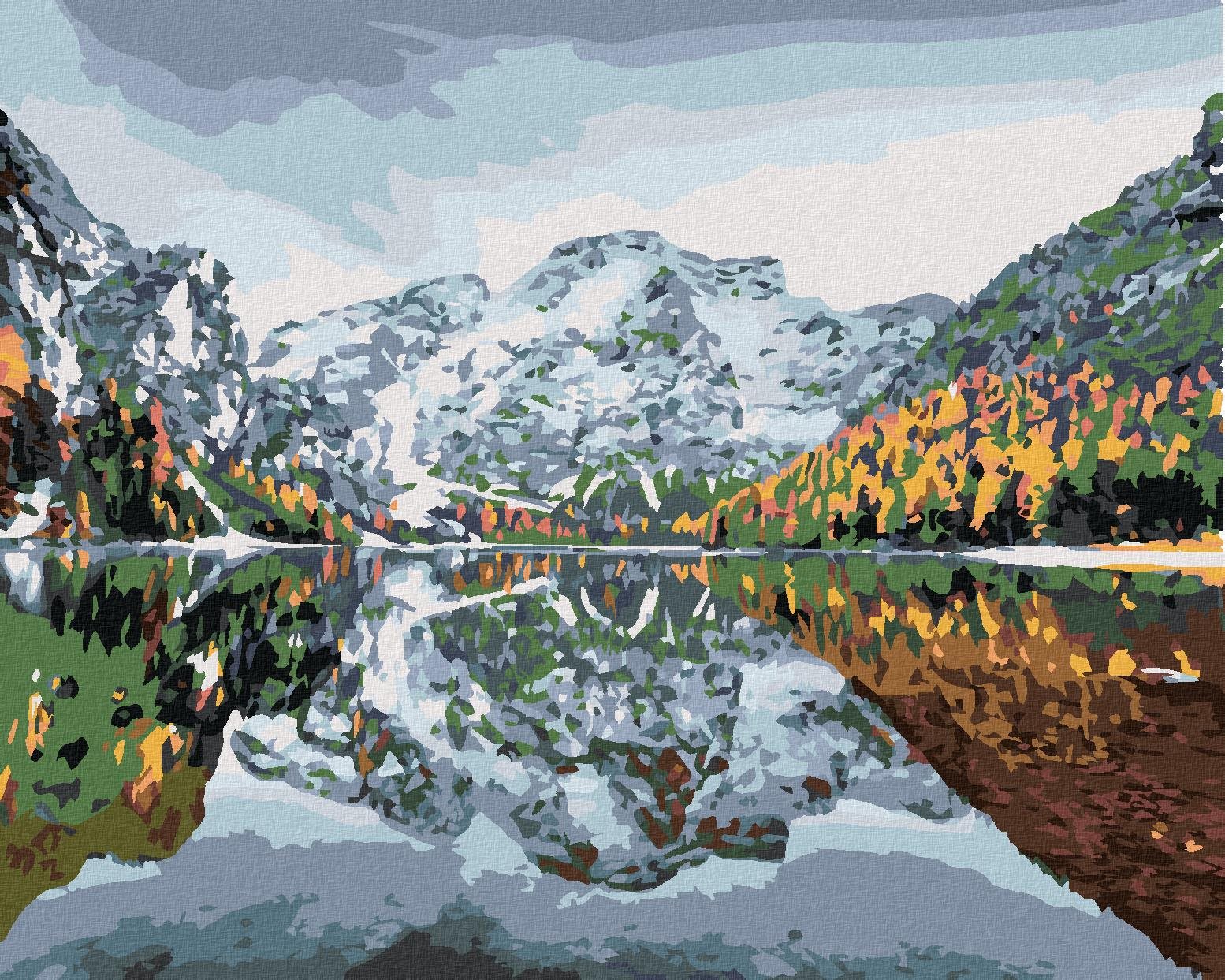 Maľovanie podľa čísel – Prvý sneh na Braies lake, 40 × 50 cm, napnuté plátno na rám