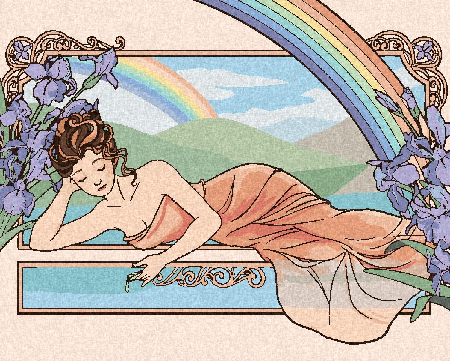 Maľovanie podľa čísel – Reprodukcia žena a fialky (Alfons Mucha), 40 × 50 cm, napnuté plátno na rám