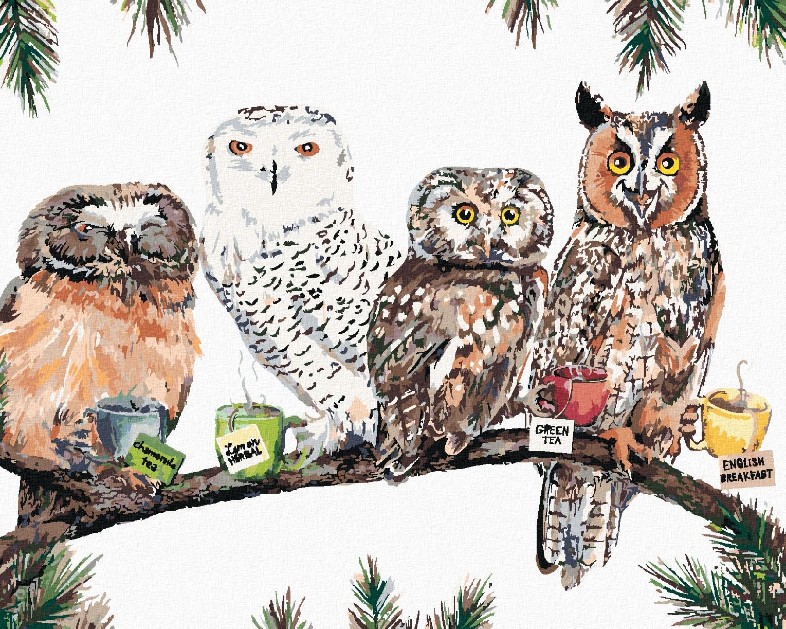 Maľovanie podľa čísel – Sovy s čajom (Holly Simental), 80 × 100 cm, bez rámu a bez napnutia plátna