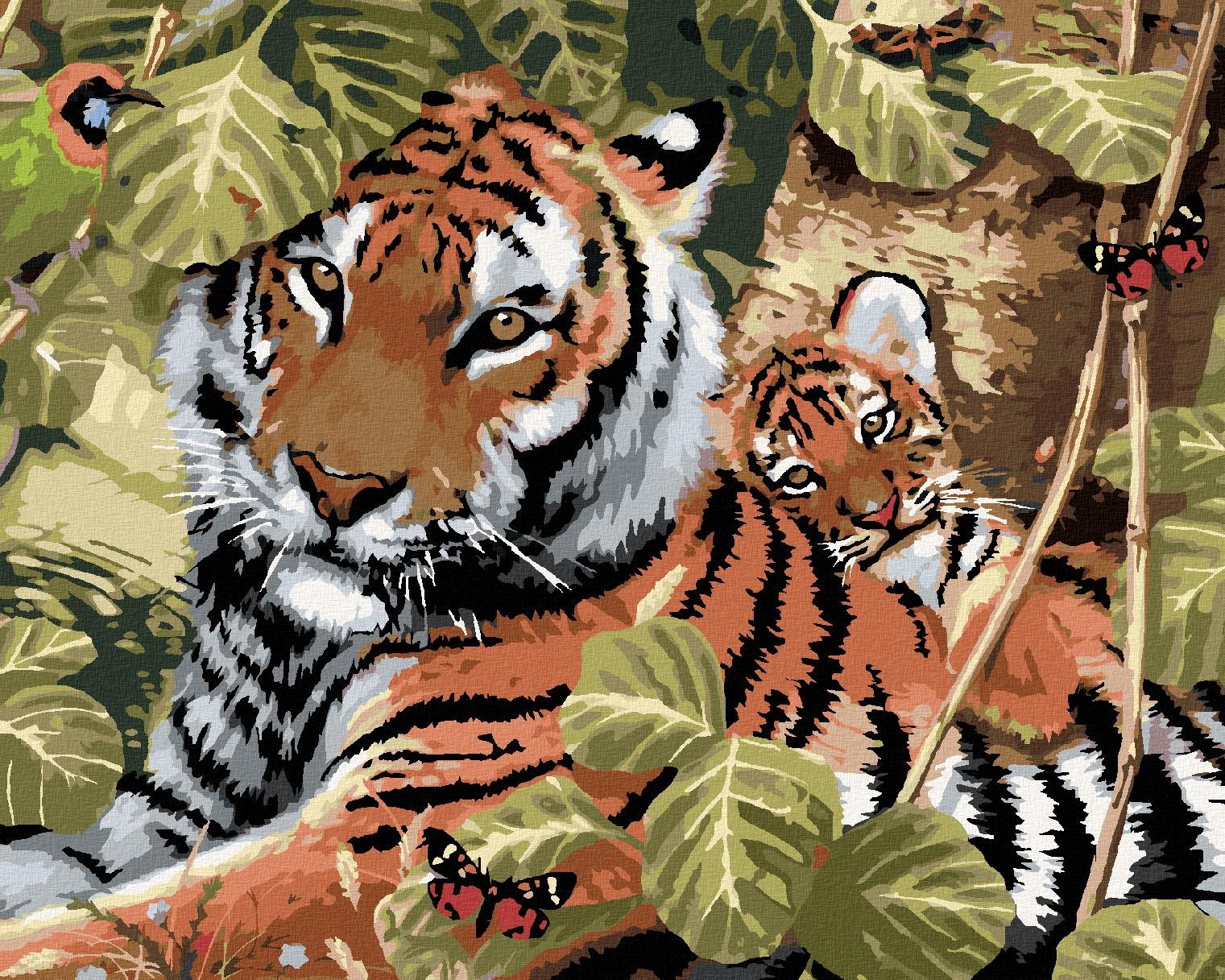Maľovanie podľa čísel – Tiger a mláďa medzi listami (Howard Robinson), 80 × 100 cm, bez rámu a bez napnutia plátna