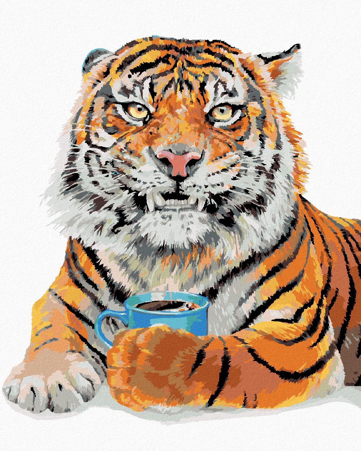 Maľovanie podľa čísel – Tiger s kávou (Holly Simental), 80 × 100 cm, bez rámu a bez napnutia plátna
