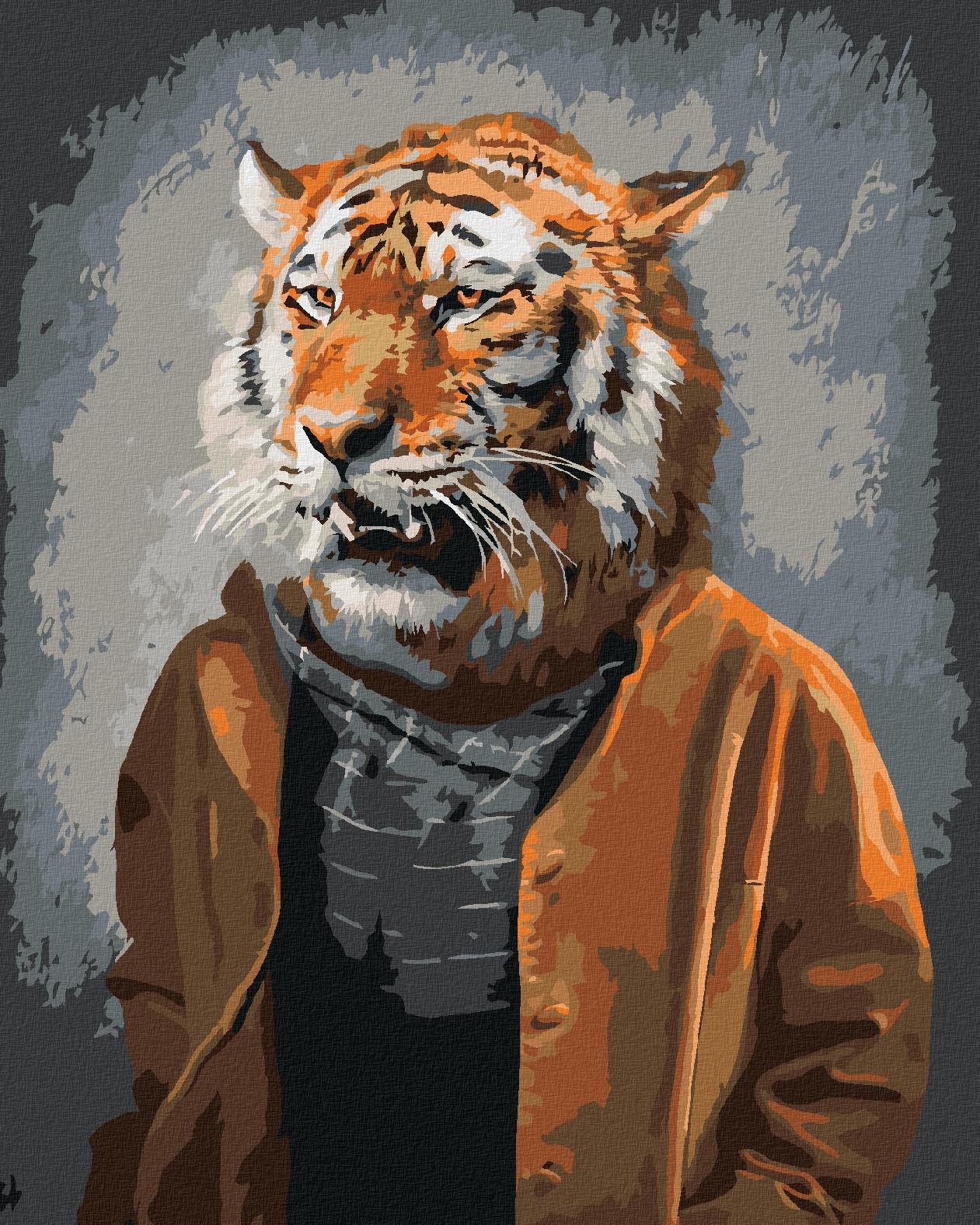 Maľovanie podľa čísel – Tiger v oblečení, 80 × 100 cm, bez rámu a bez napnutia plátna