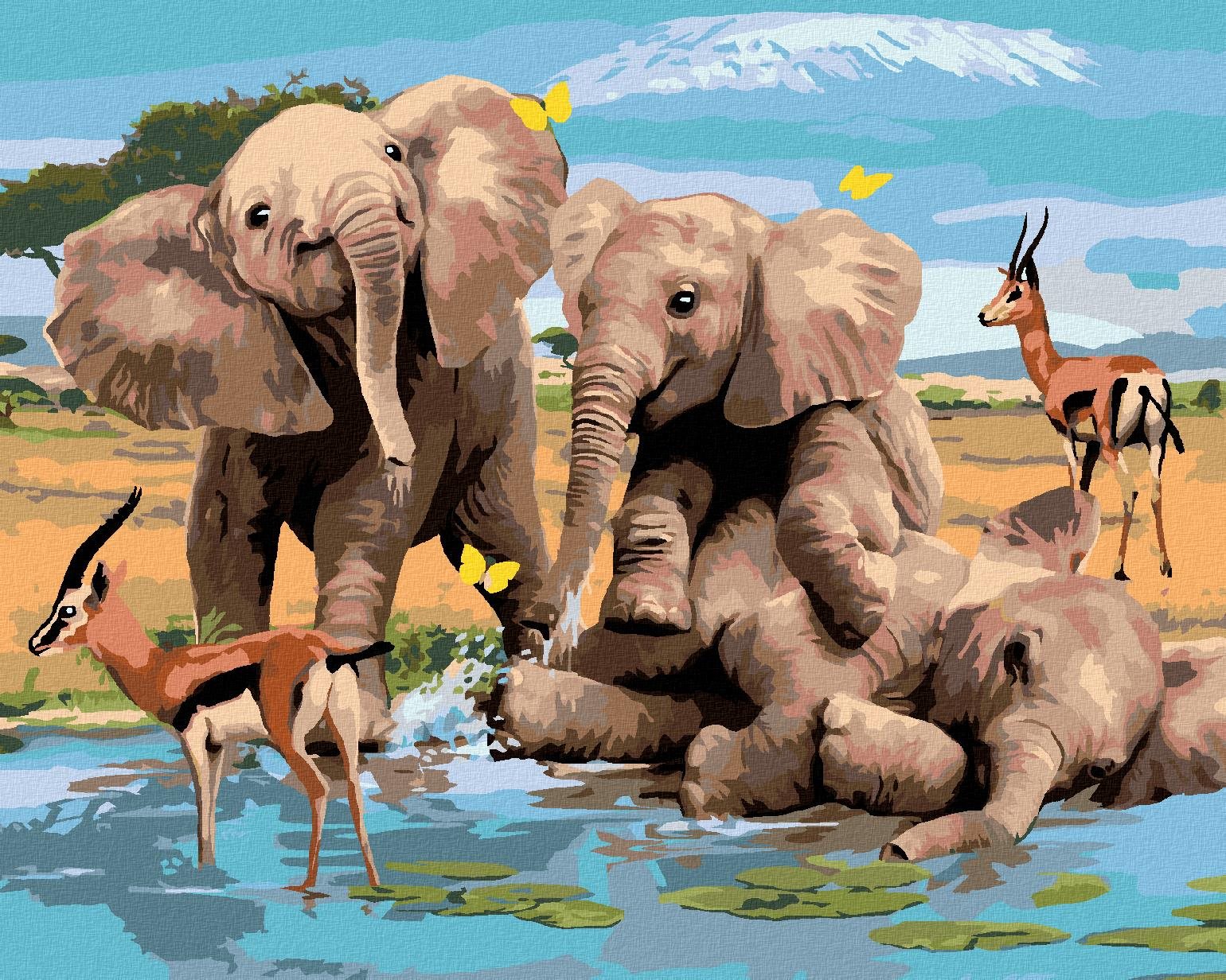 Maľovanie podľa čísel – Veselé slony a gazely pri vode (Howard Robinson), 80 × 100 cm, napnuté plátno na rám