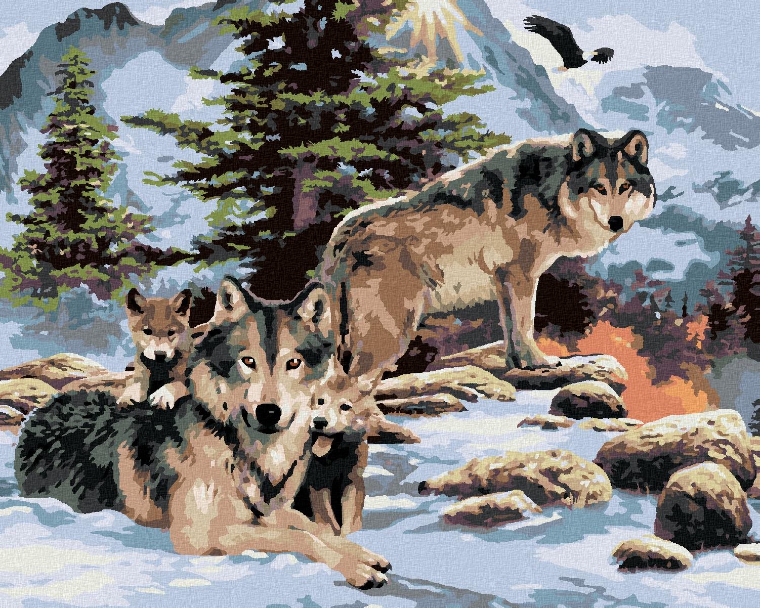 Maľovanie podľa čísel – Vlčia svorka v horách (Howard Robinson), 80 × 100 cm, napnuté plátno na rám
