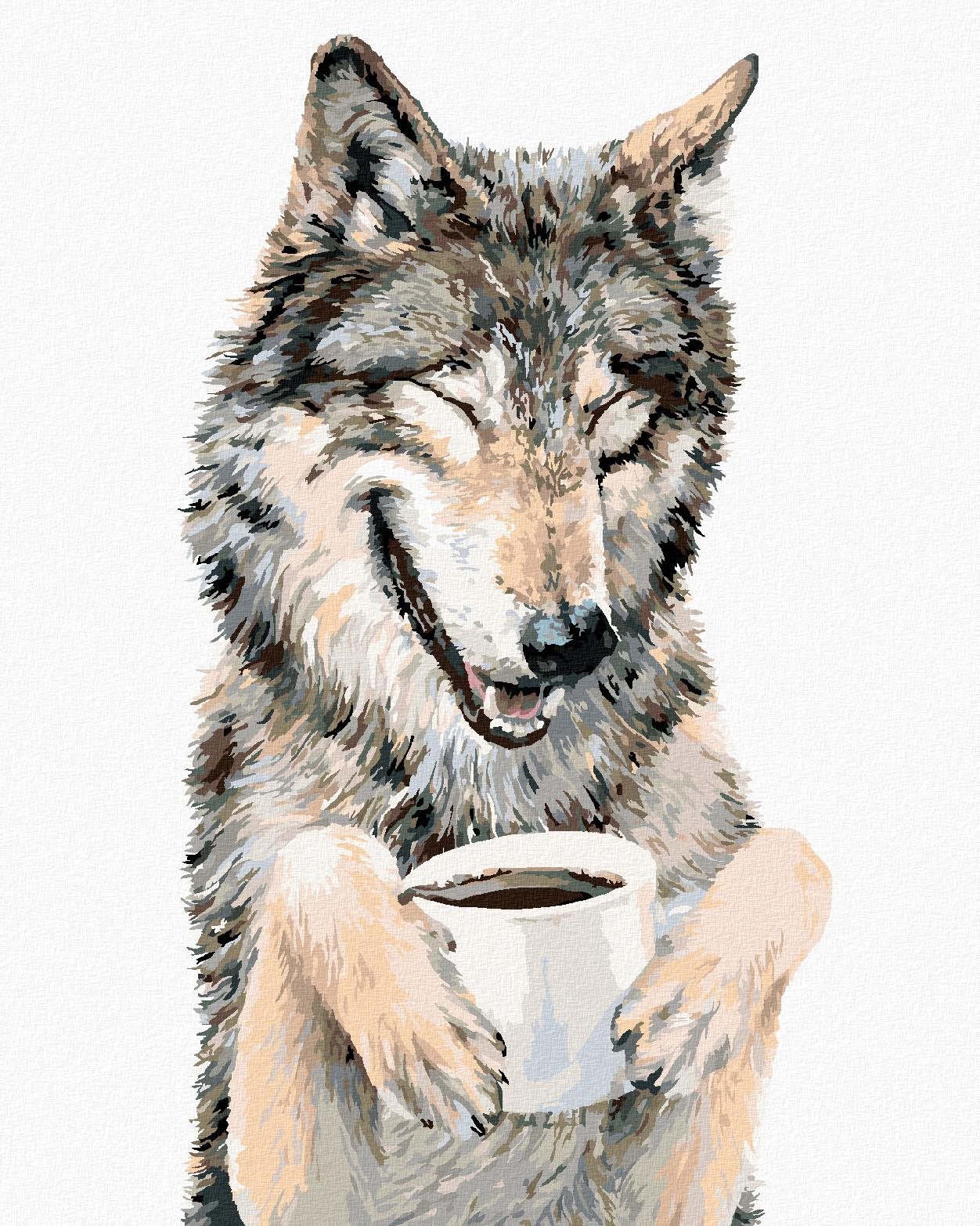 Maľovanie podľa čísel – Vlk a káva (Holly Simental), 40 × 50 cm, napnuté plátno na rám