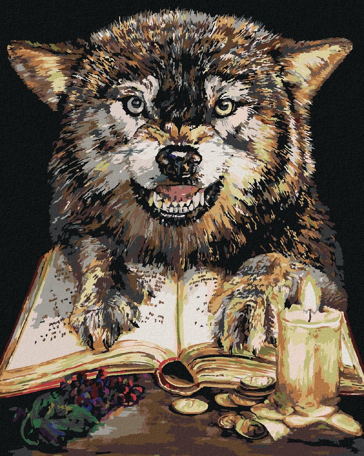 Maľovanie podľa čísel – Vlk s knihou (Holly Simental), 40 × 50 cm, napnuté plátno na rám