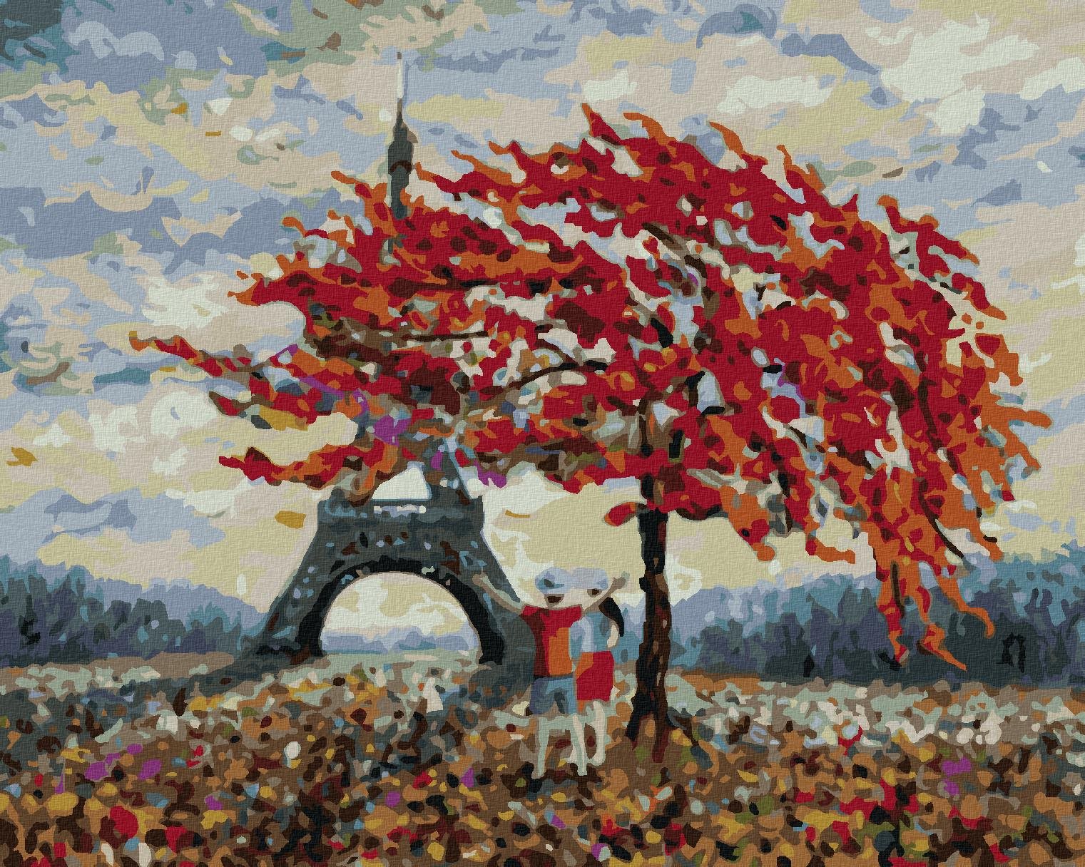 Maľovanie podľa čísel – Zamilovaný pár a Eiffelova veža, 80 × 100 cm, bez rámu a bez napnutia plátna