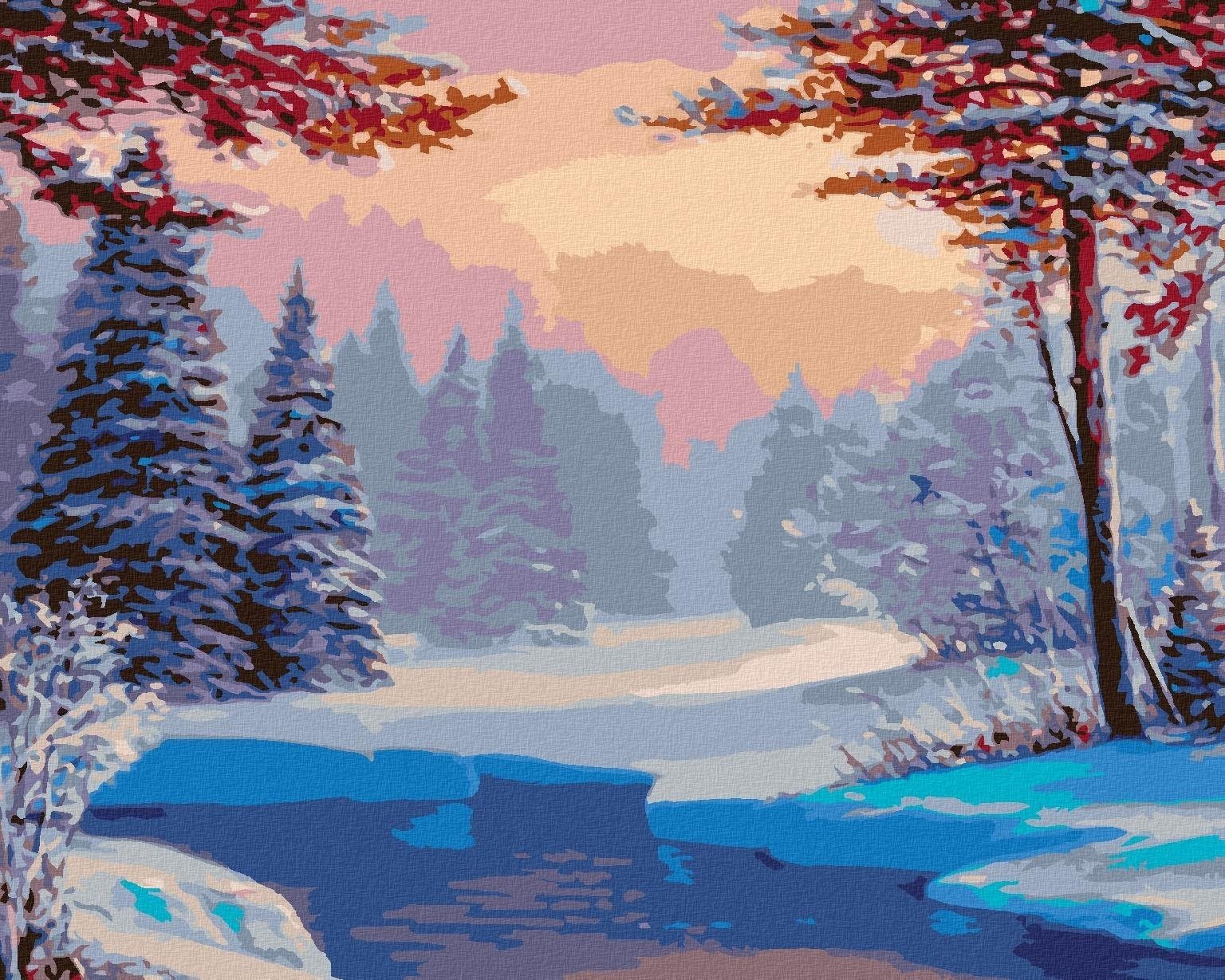 Maľovanie podľa čísel – Zasnežená krajina s riekou, 80 × 100 cm, napnuté plátno na rám