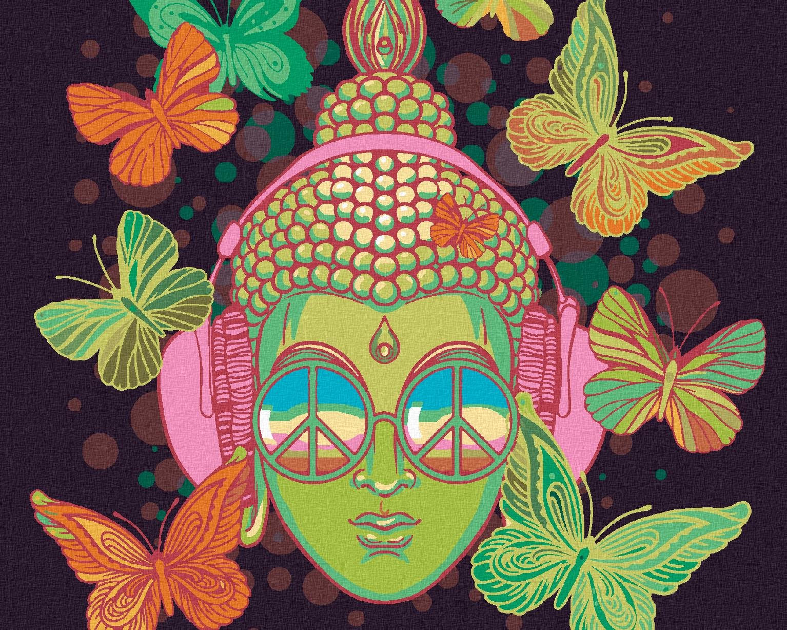 Maľovanie podľa čísel – Zelený Budha a motýle, 40 × 50 cm, bez rámu a bez napnutia plátna