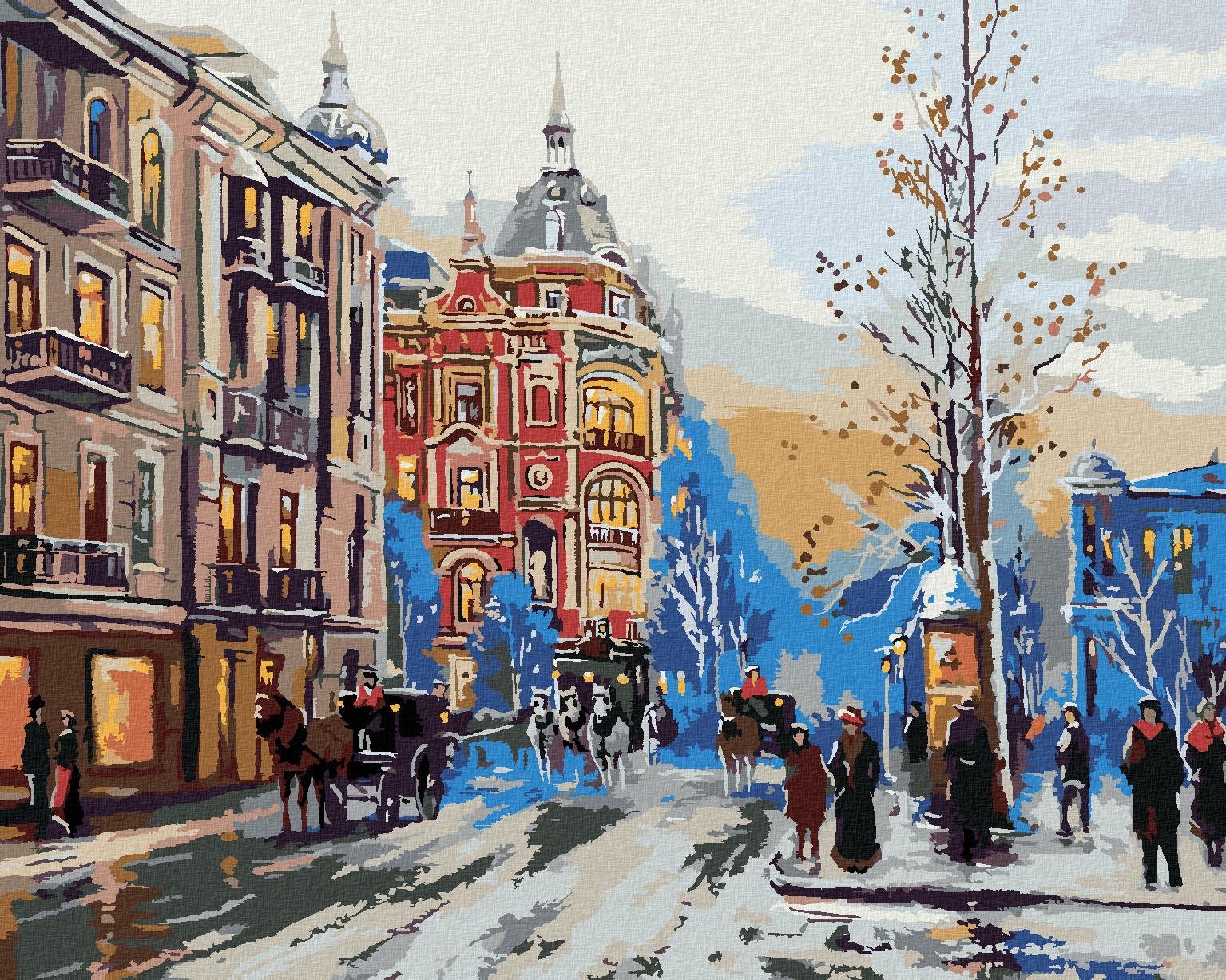 Maľovanie podľa čísel – Zimná mestská ulička, 80 × 100 cm, napnuté plátno na rám