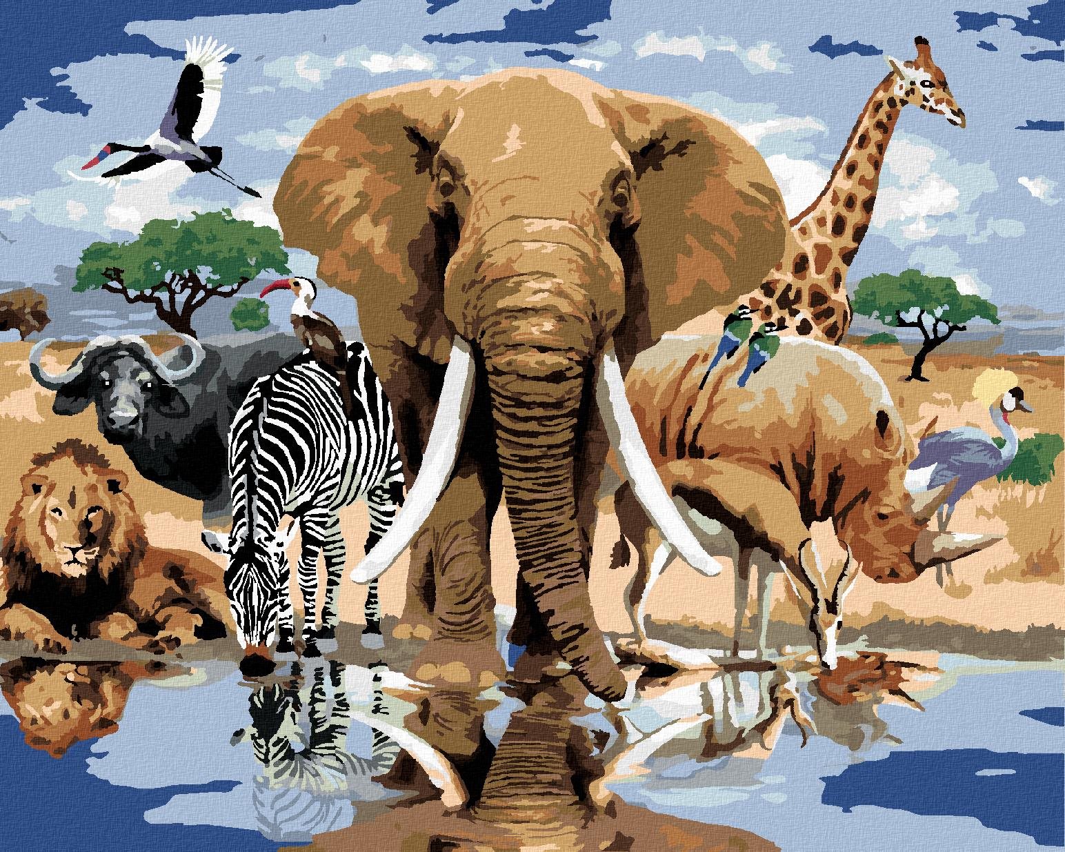 Maľovanie podľa čísel – Zvieratá pri oáze Afrika (Howard Robinson), 80 × 100 cm, napnuté plátno na rám