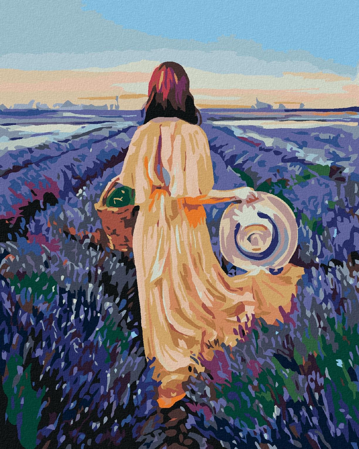Maľovanie podľa čísel – Žena s košíkom a levanduľové pole, 40 × 50 cm, napnuté plátno na rám