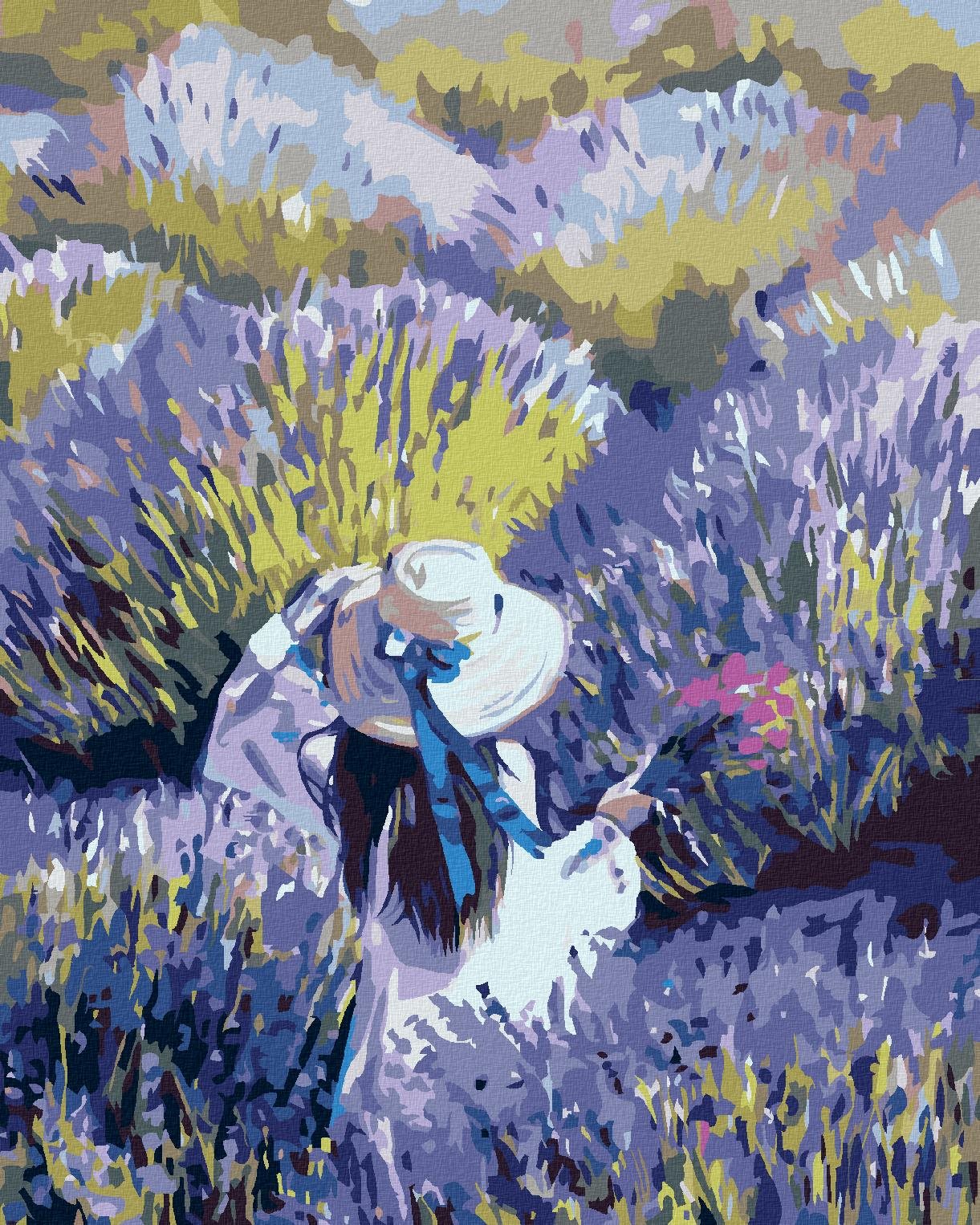Maľovanie podľa čísel – Žena uprostred levanduľového poľa, 80 × 100 cm, bez rámu a bez napnutia plátna
