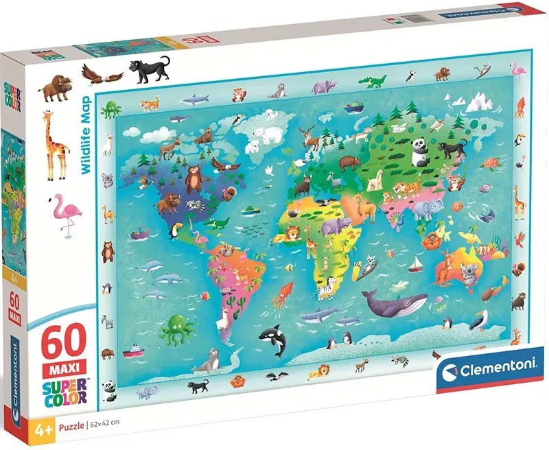 CLEMENTONI Puzzle s hľadaním obrázkov Mapa sveta so zvieratkami MAXI 60 dielikov