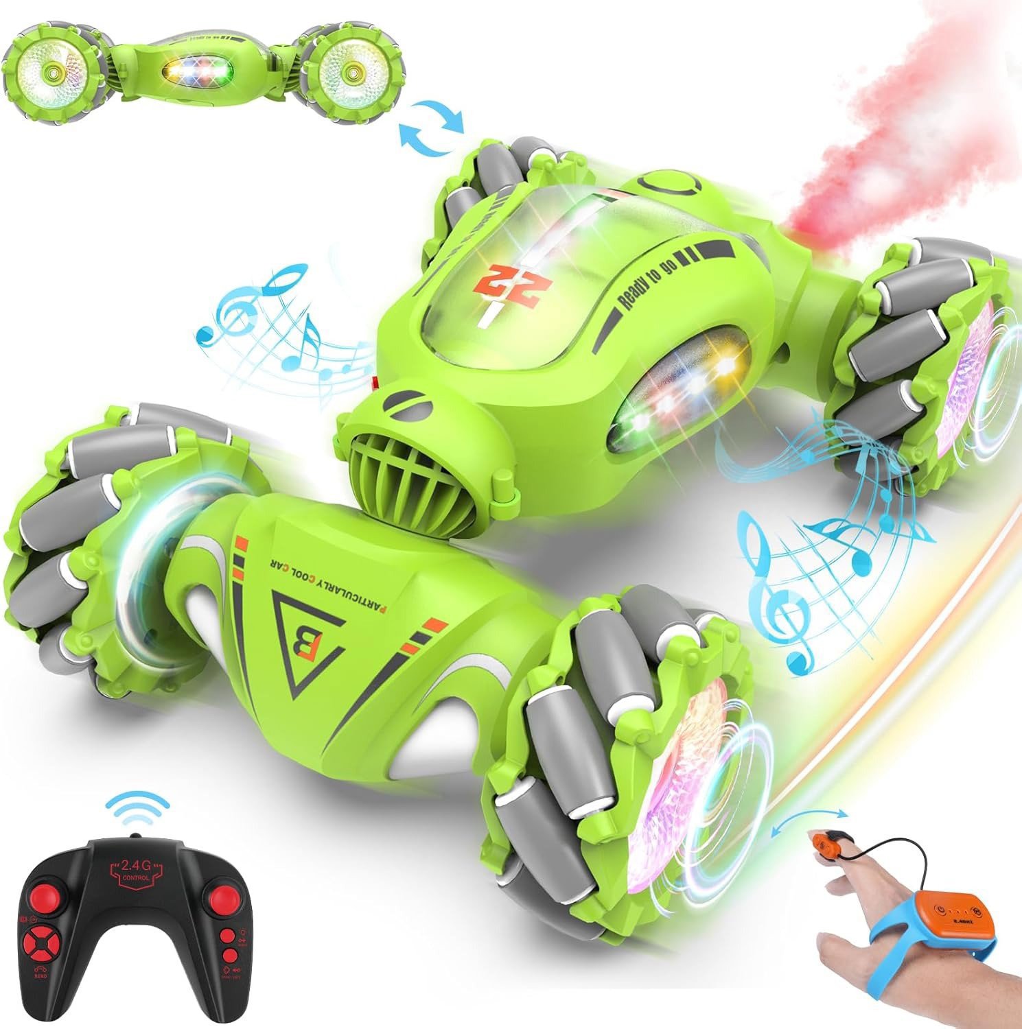 Fosgoit RC stunt auto 1 : 18 s LED dymovým efektom a ručným ovládaním, zelené
