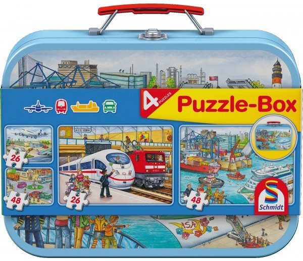 Schmidt Puzzle Doprava 4 v 1 v plechovom kufríku (26, 26, 48, 48 dielikov)